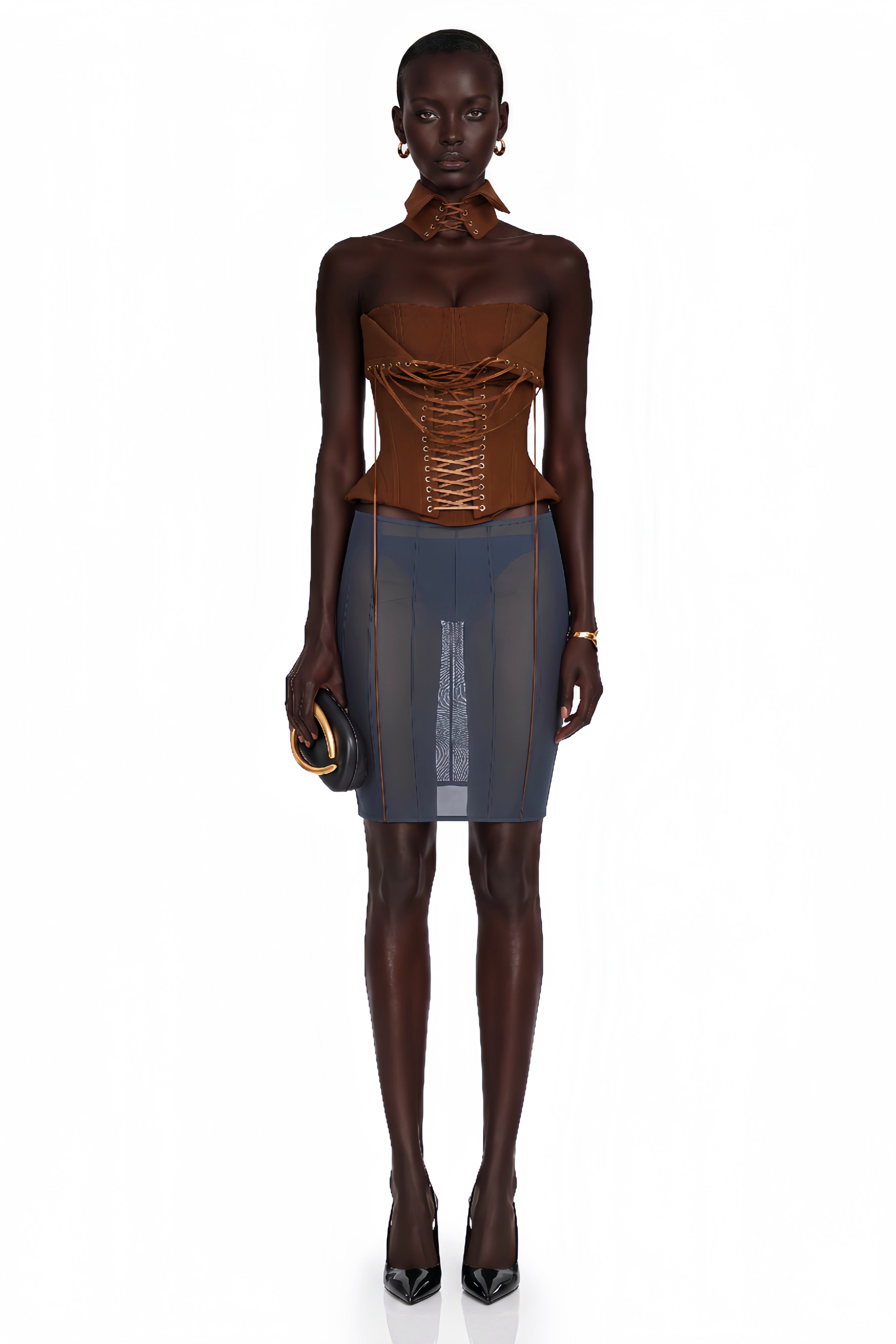 Indre Brown Lace Up Corset Crop Top