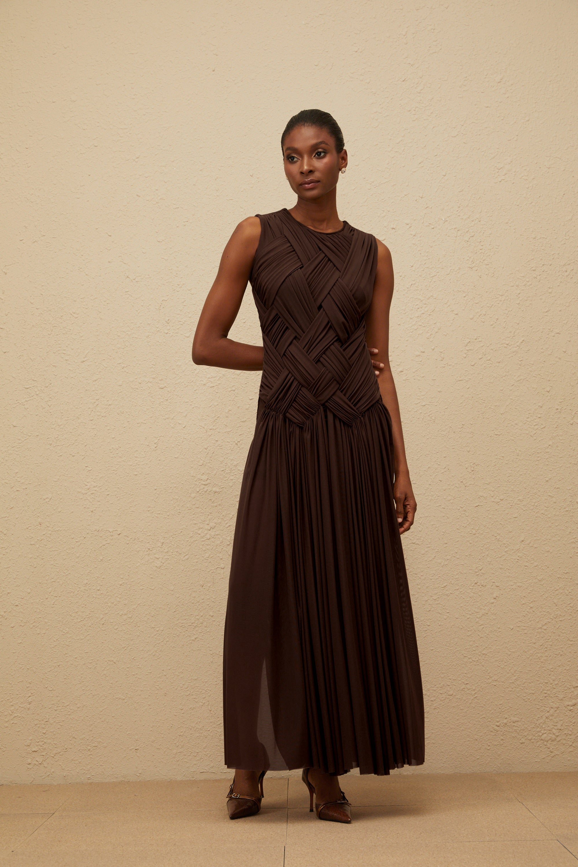 Daphné Brown Asymmetrical Braided Tulle Midi Dress (Final Sale-US Only)
