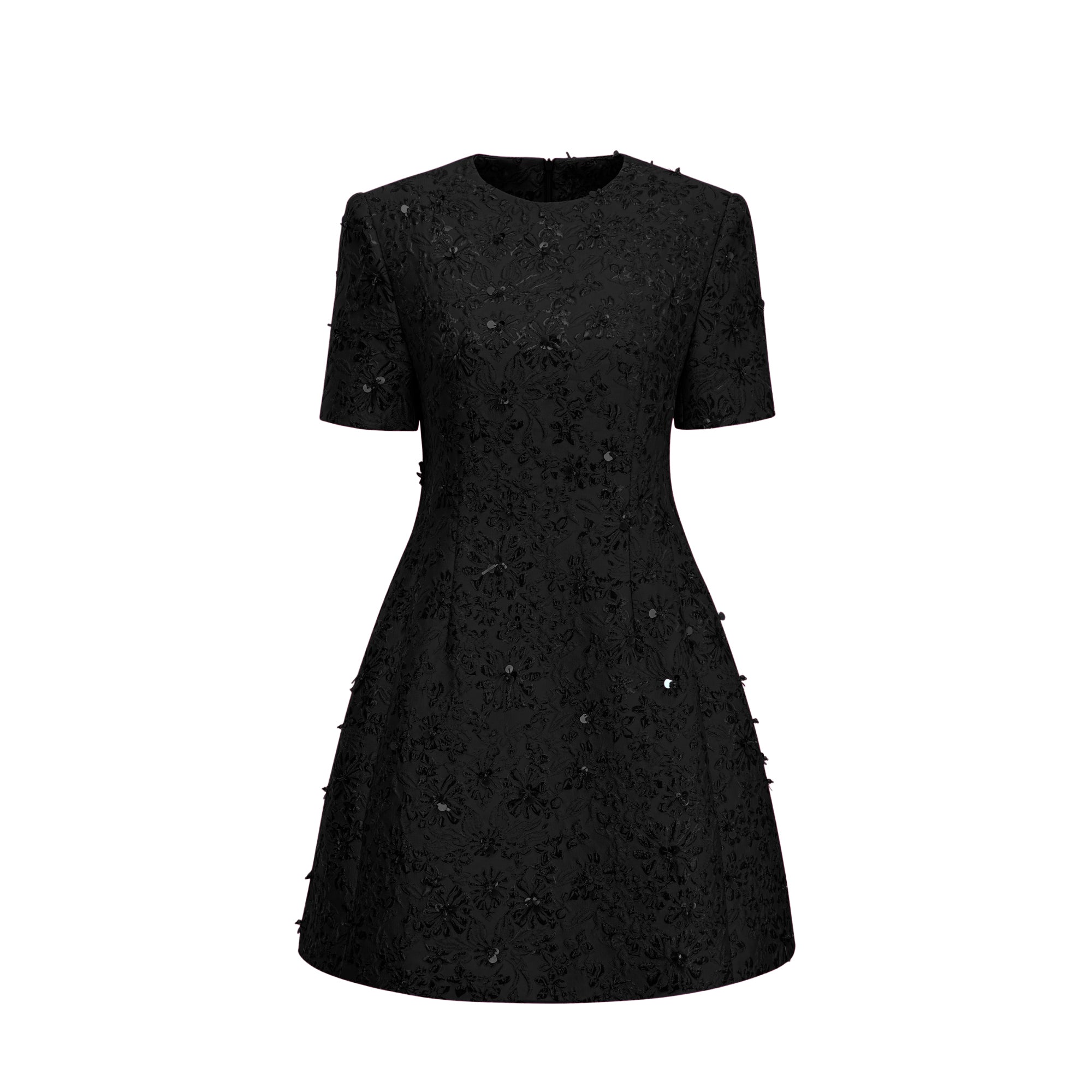 Celestia Floral-Appliqué Embellished Mini Dress in Black (Final Sale)