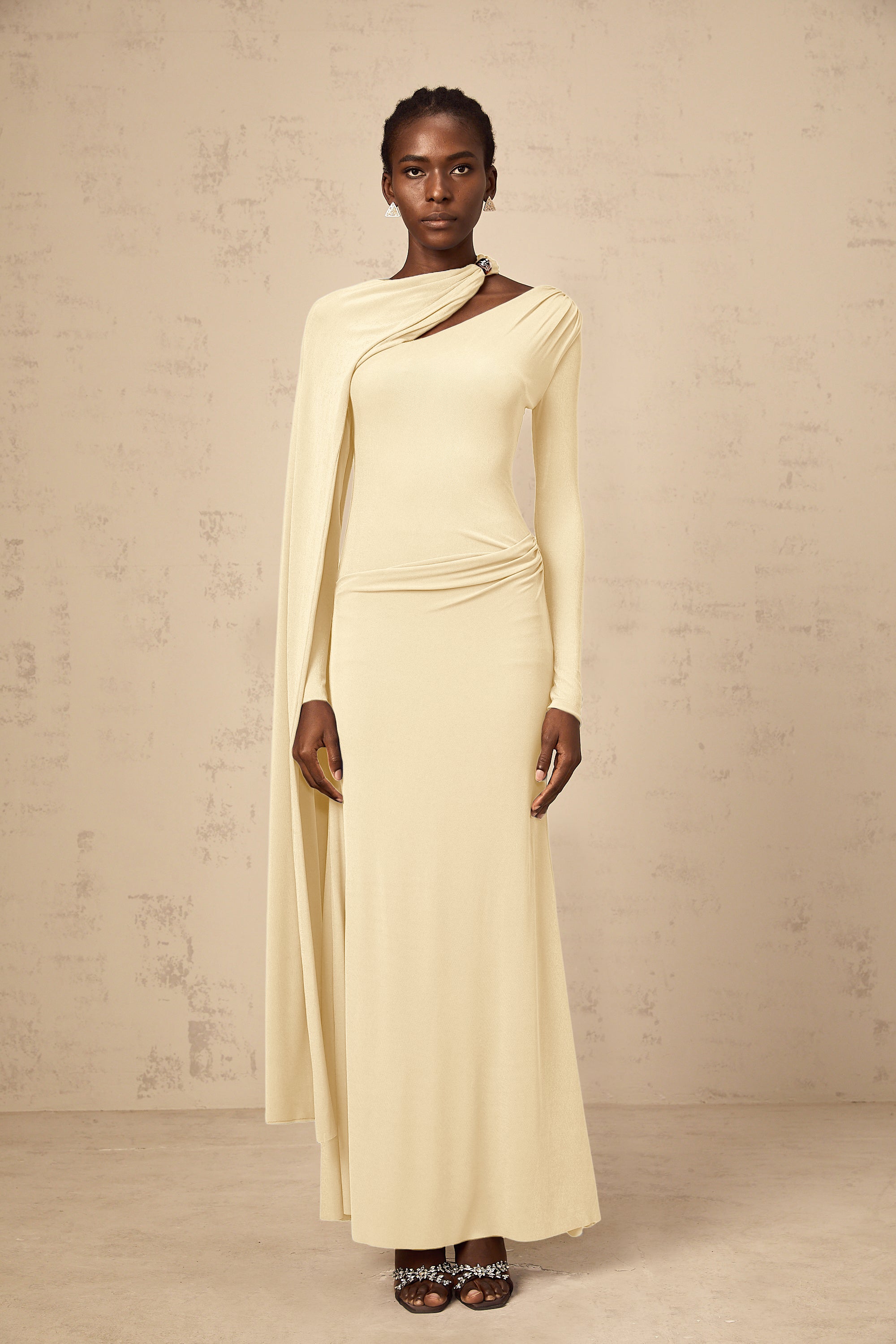 Josette Yellow Diagonal Shawl Fitted Maxi Dress