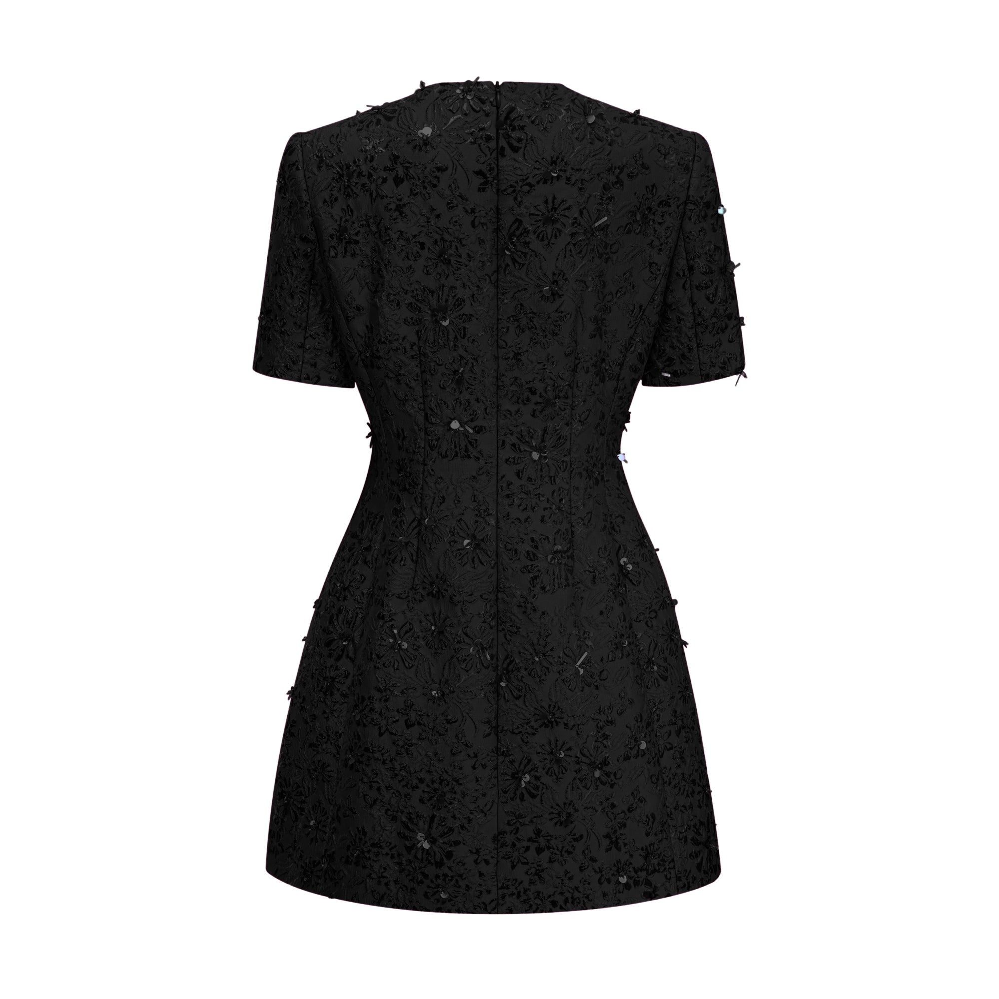 Celestia Floral-Appliqué Embellished Mini Dress in Black (Final Sale)