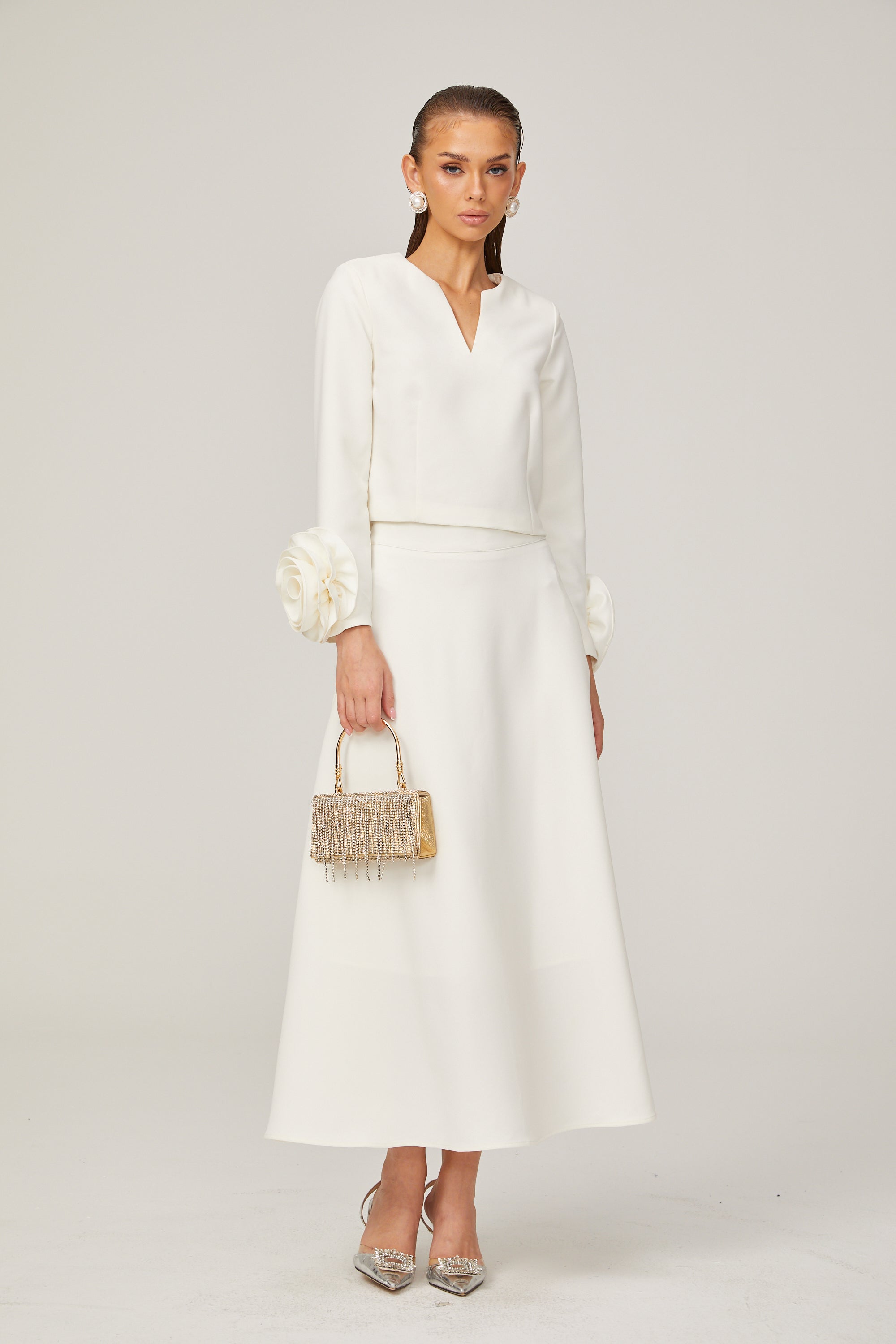 Hilaire white 3d-petal top & skirt matching set (Final Sale-US Only)