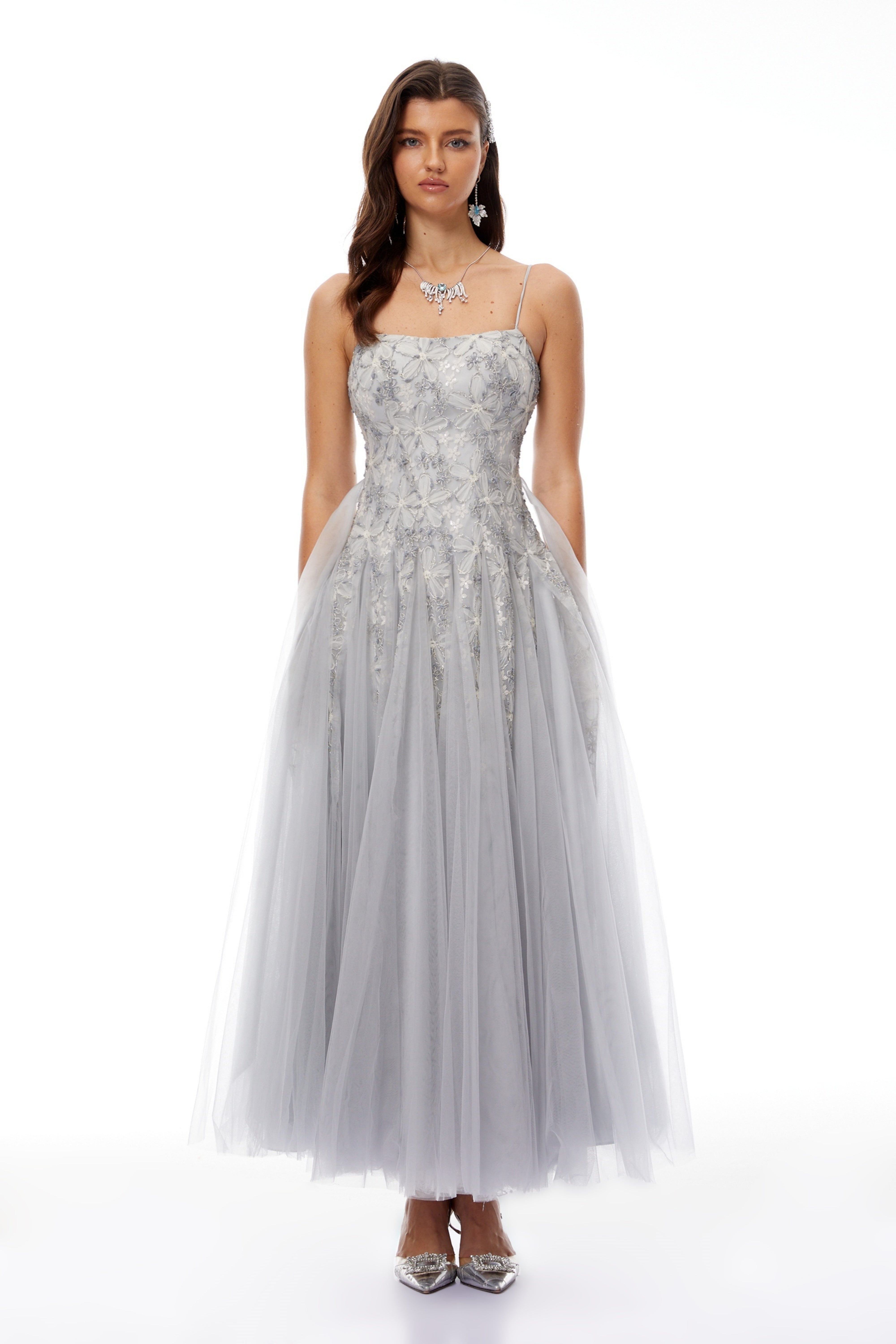 Adalynn Grey Floral Embroidered Tulle Maxi Dress (Final Sale)