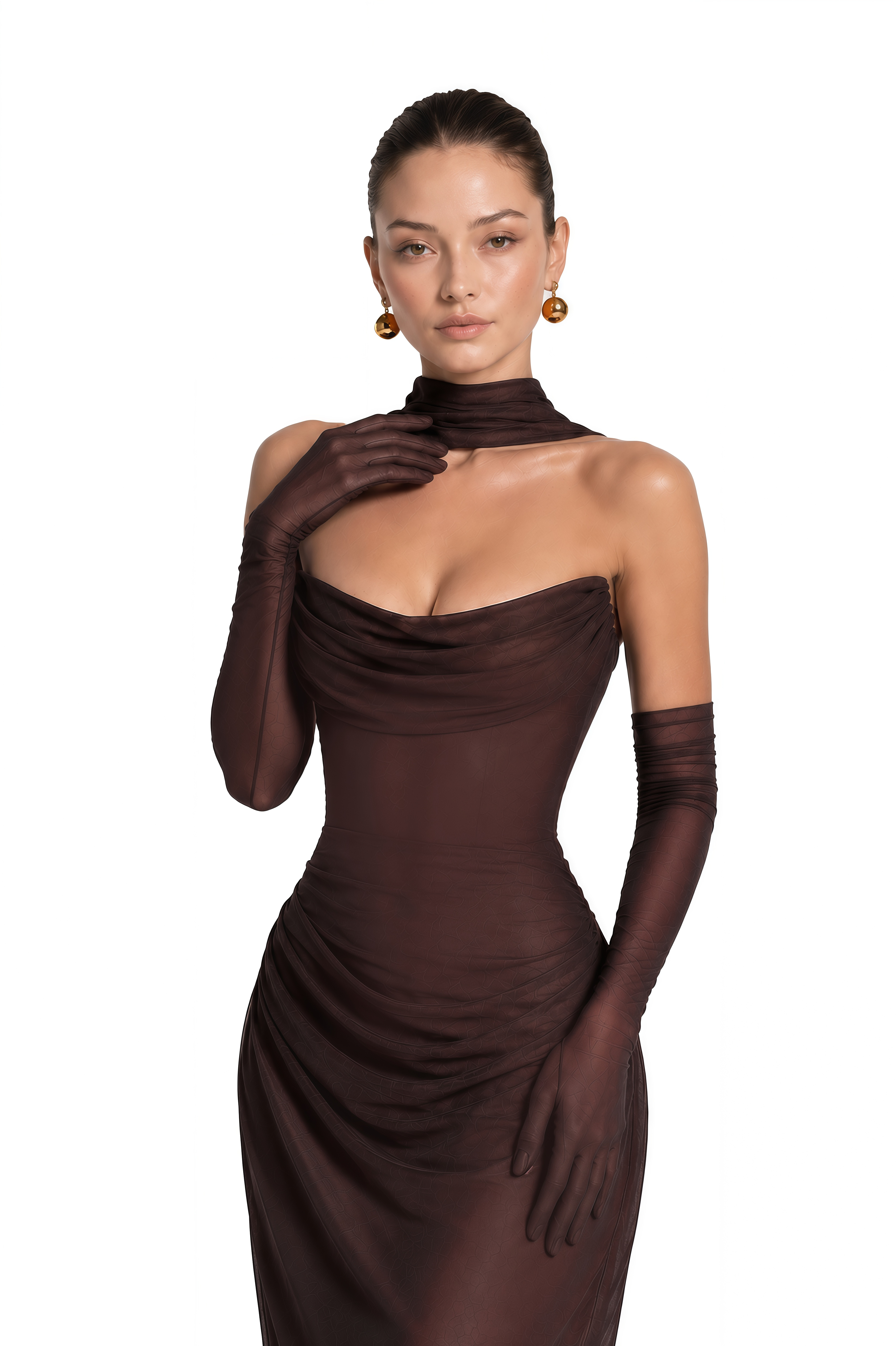 Vedette Brown Ruched Corset Maxi Dress (Without Gloves)