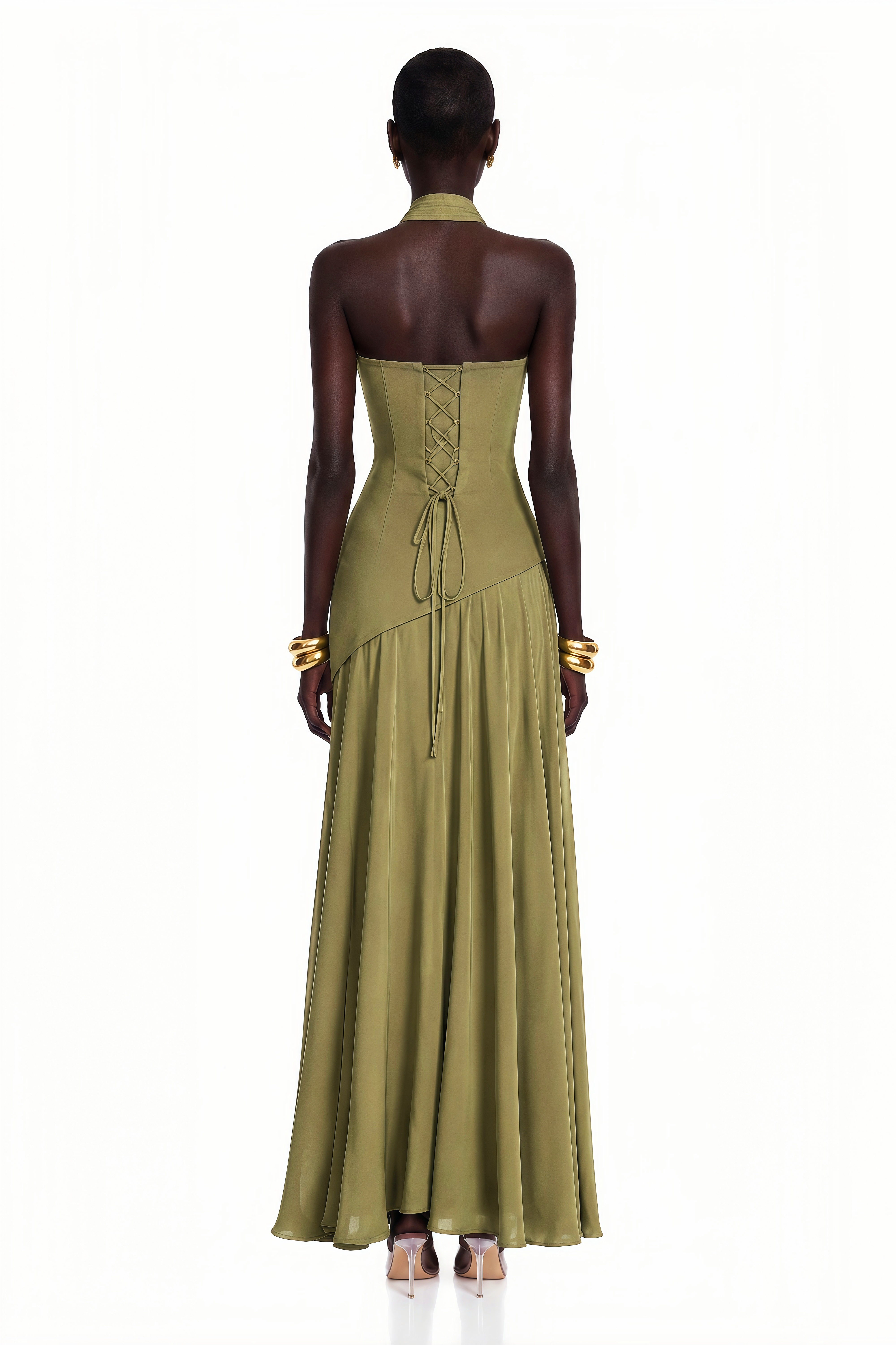 Romane Green Strapless Corset Chiffon Maxi Dress