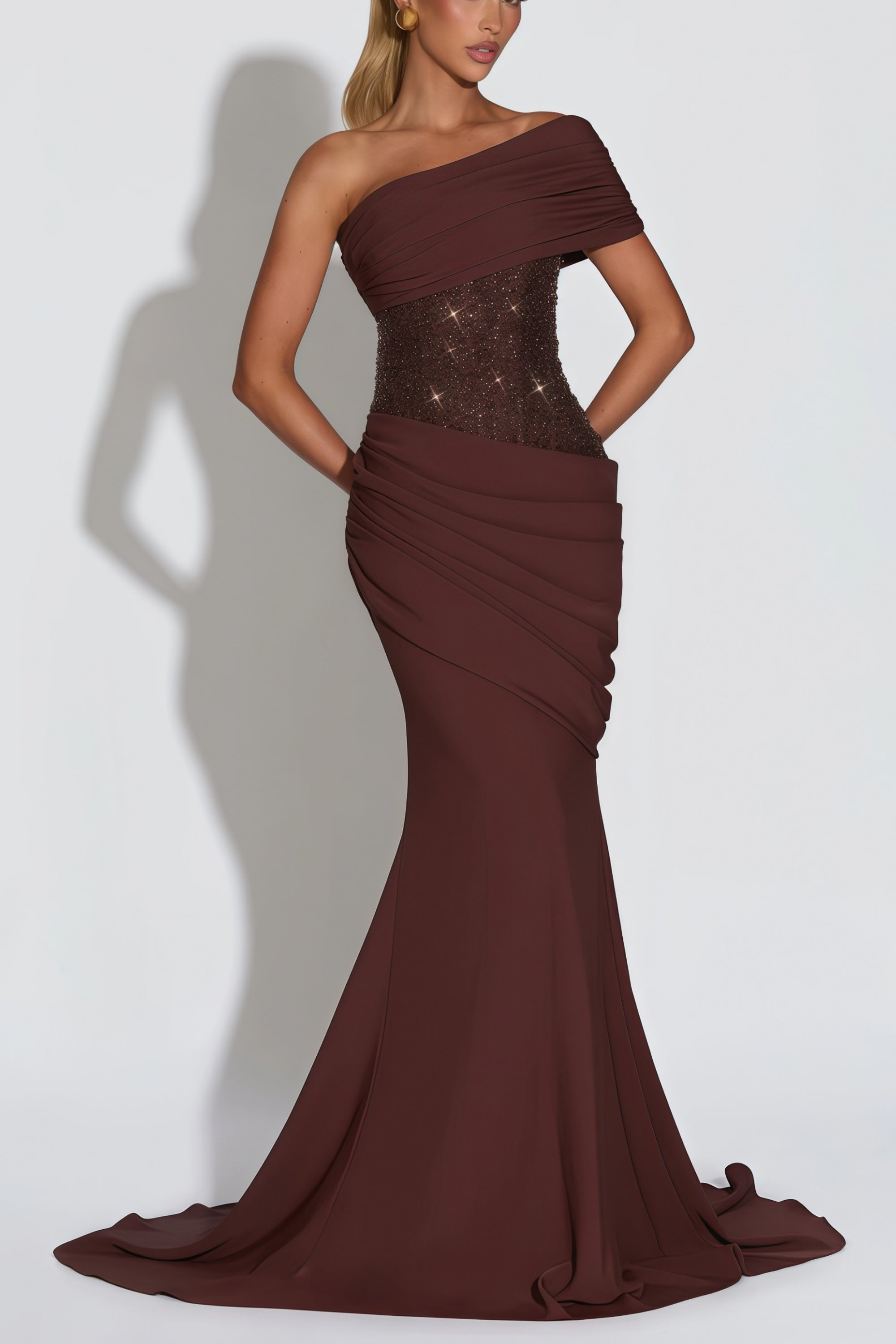 Asymmetrical Gown in Plum Brown