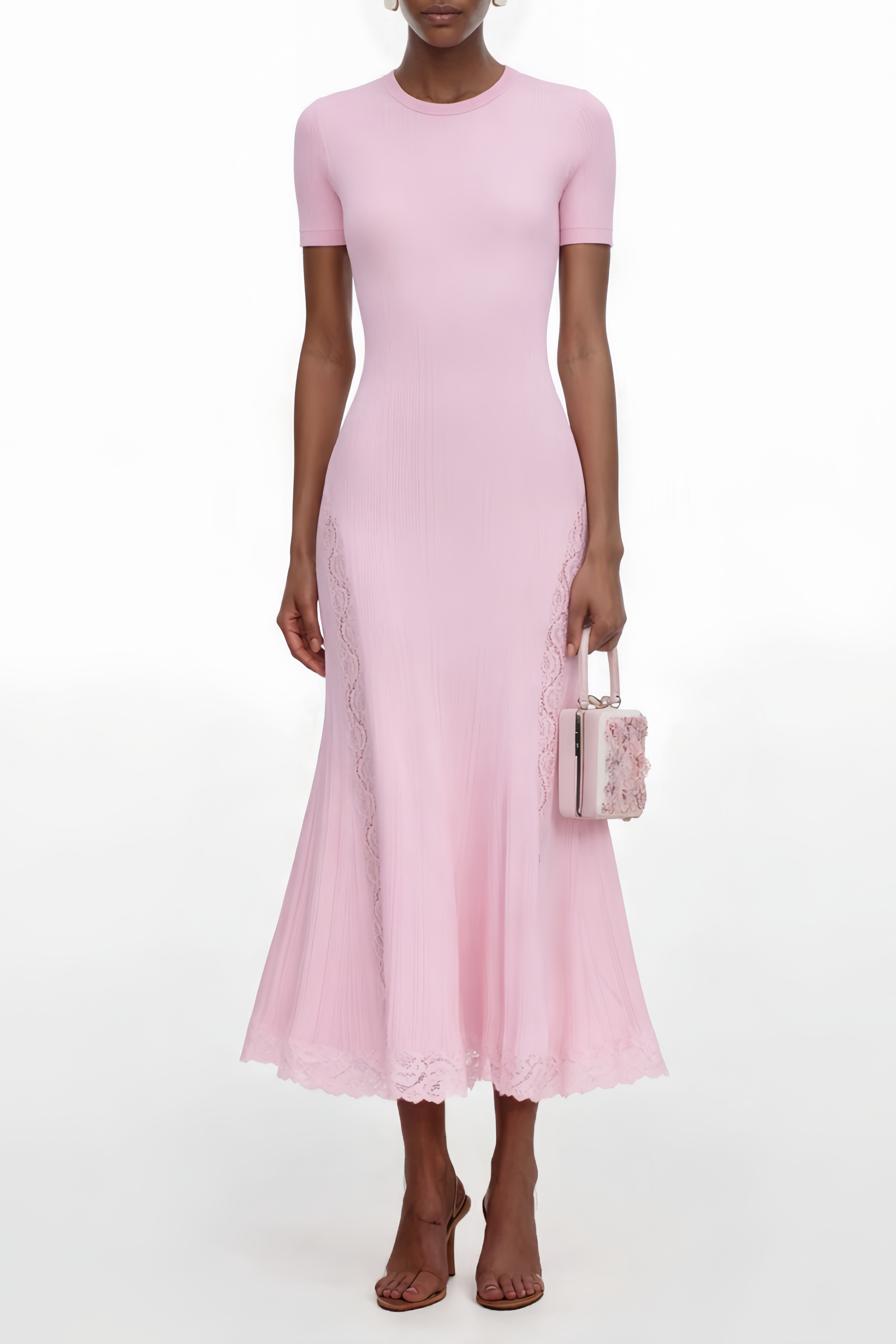 Pink Knit Lace Insert Midi Dress