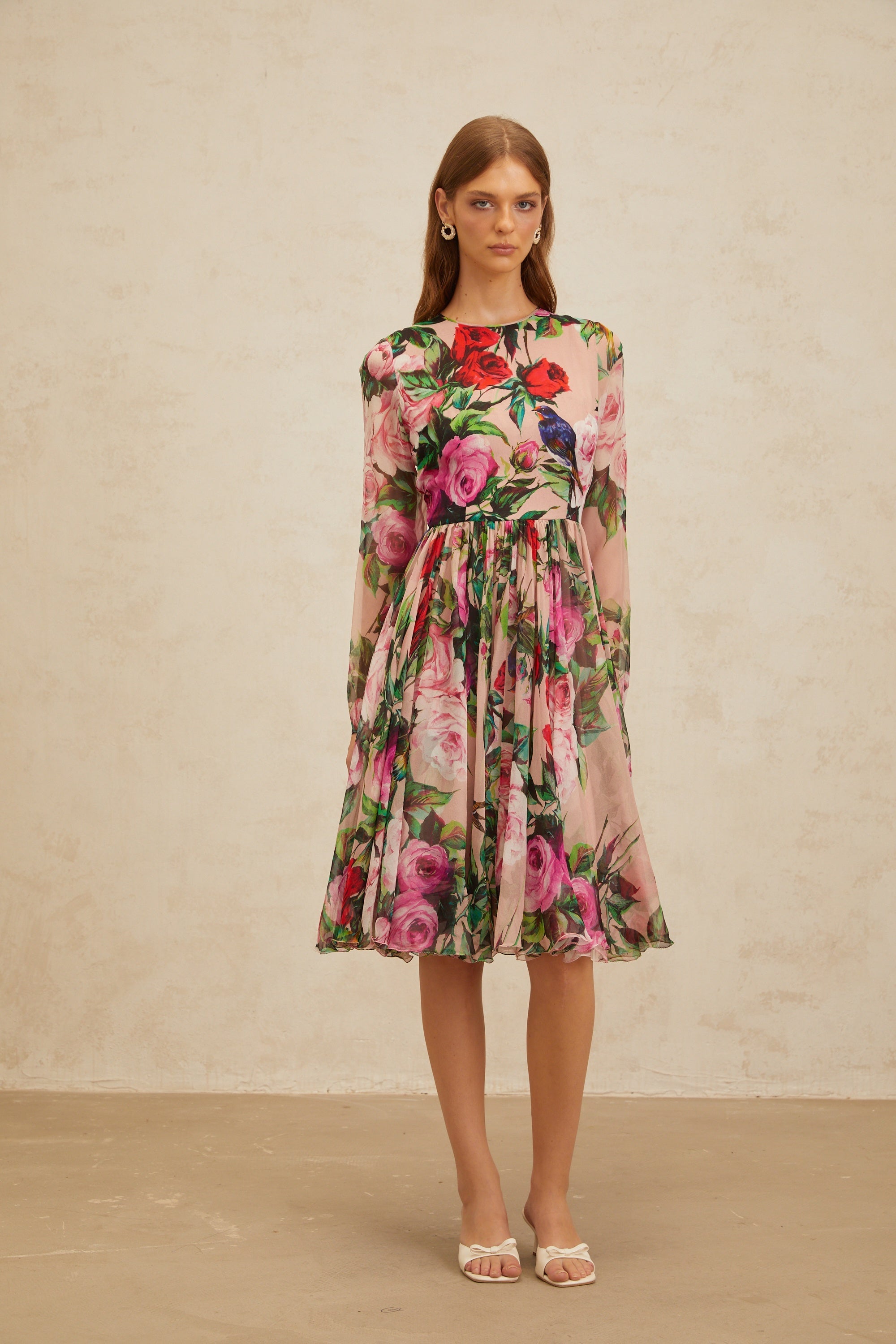 Coralie Pink Rose Print Summer Silk Midi Dress (Final Sale)
