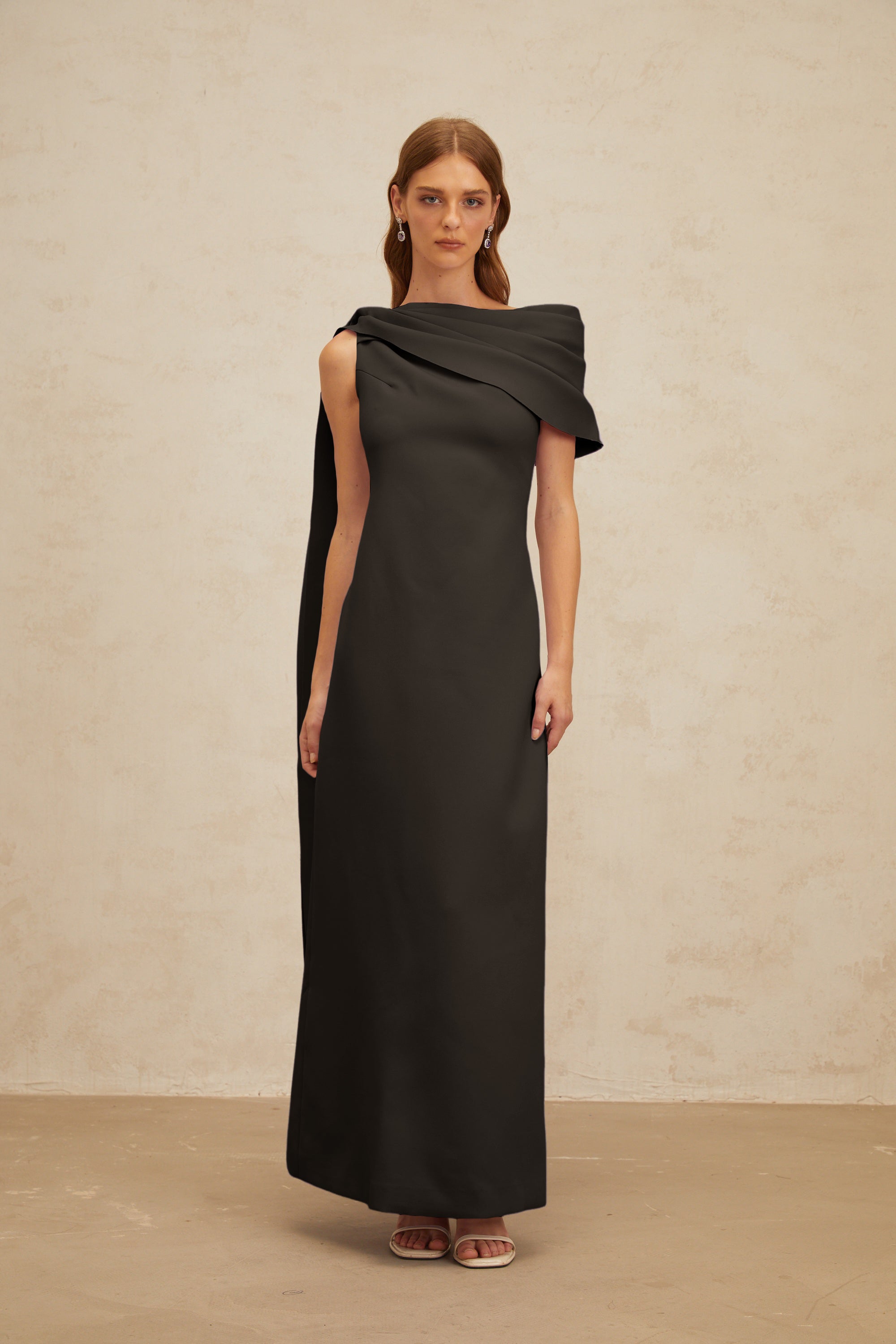Annabelle Black Cape-Design Ribbon Maxi Dress (Final Sale)