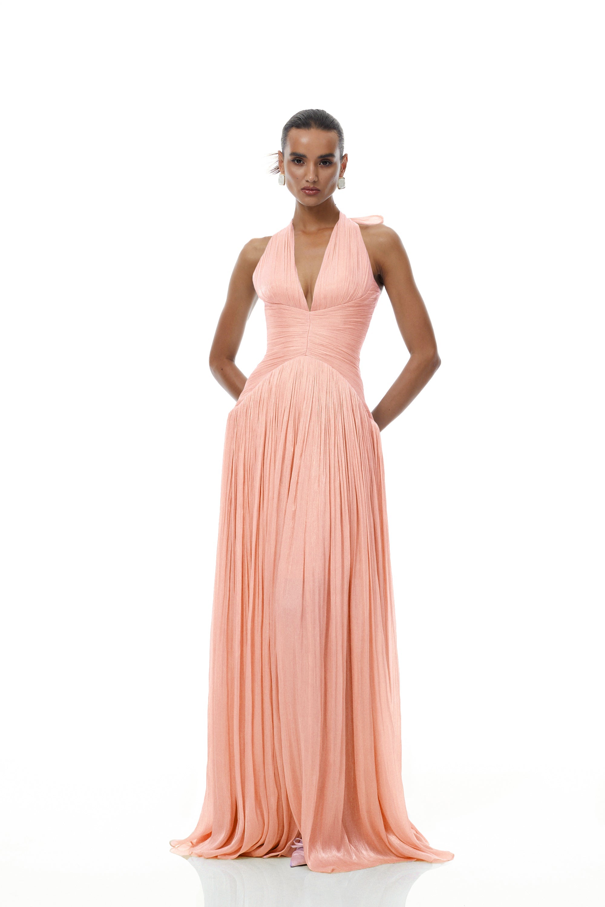 Pink Glossy Gathered Maxi Dress