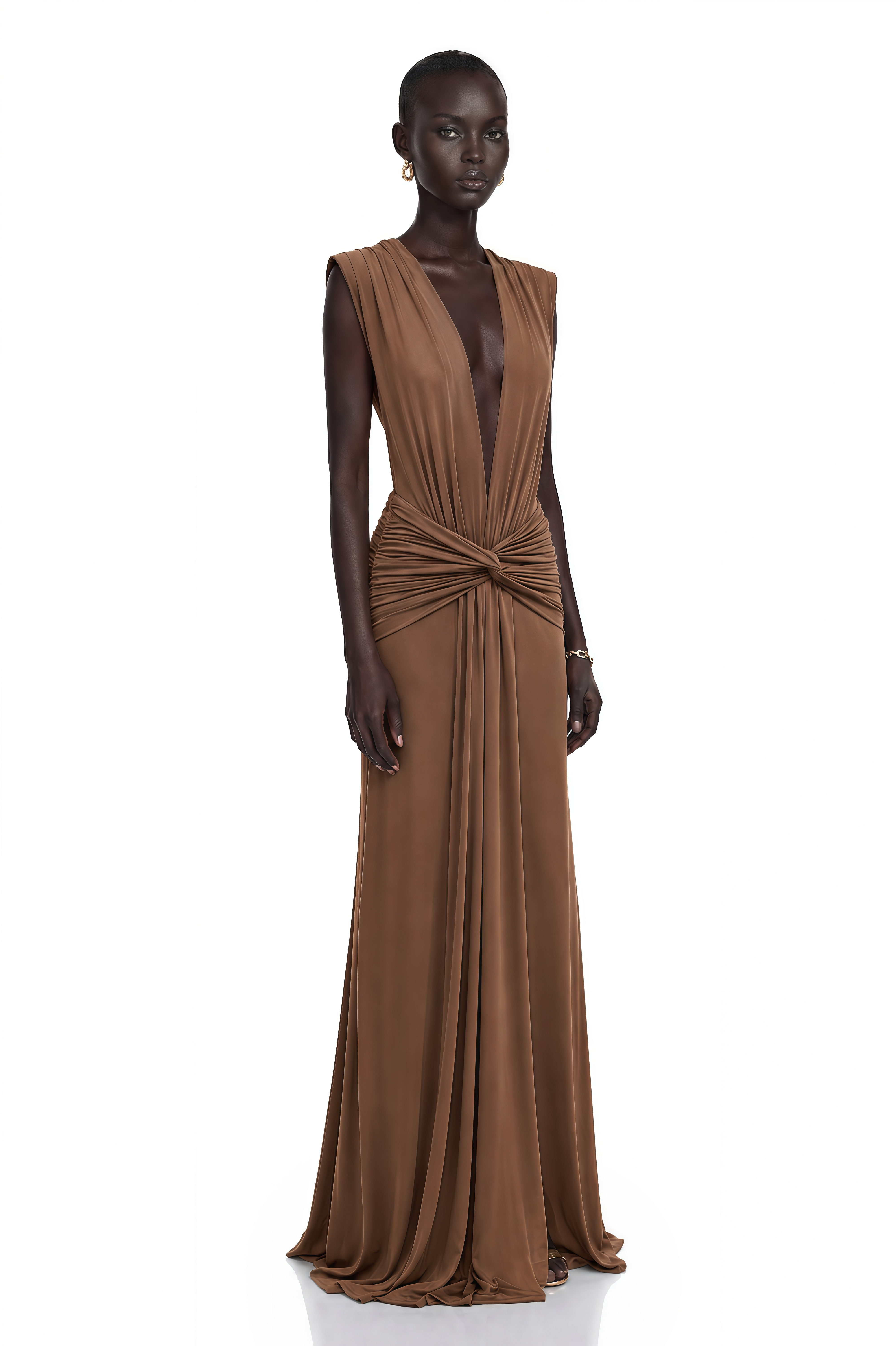 Else Brown Deep V-Neck Twisted Maxi Dress