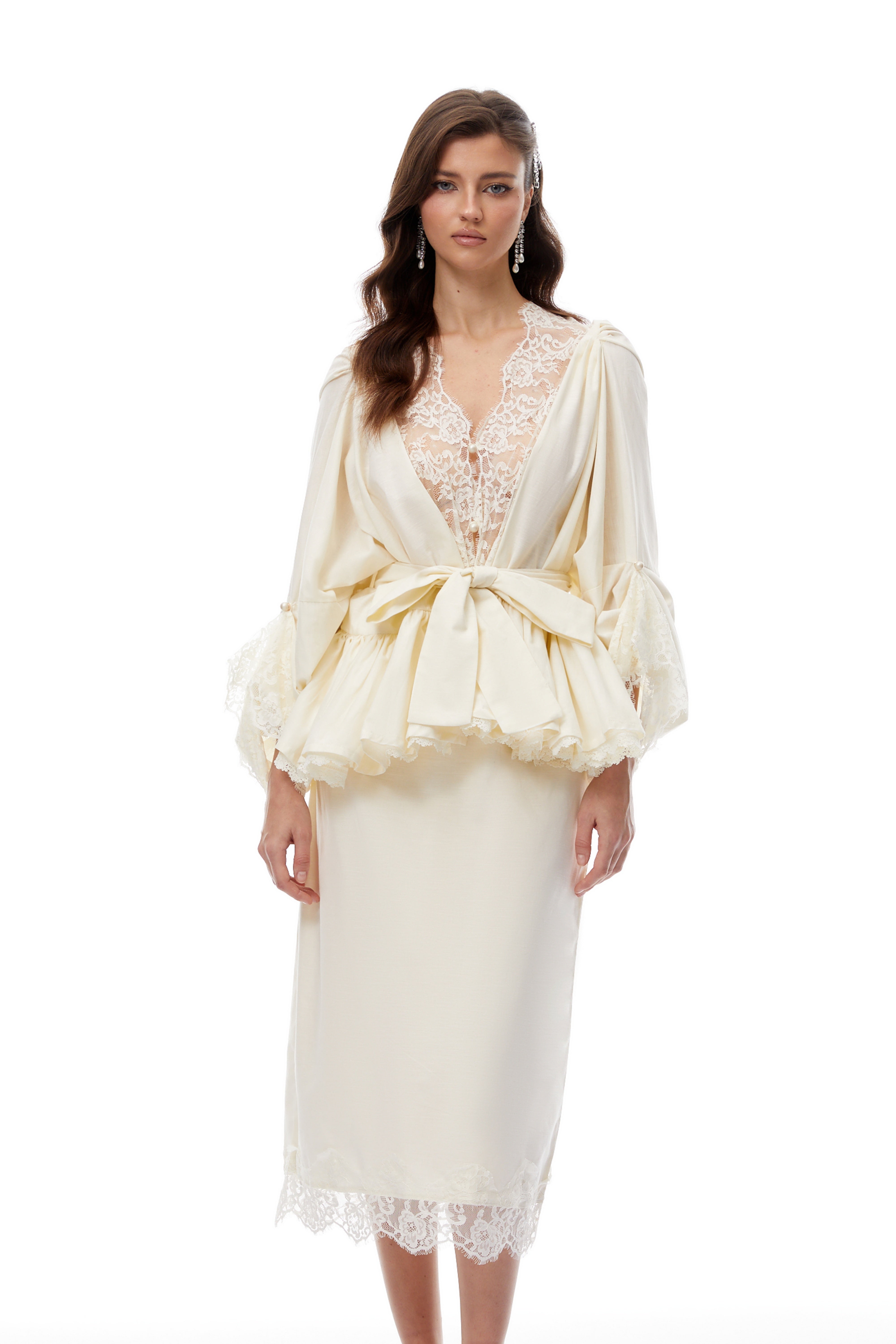 Madge White Lace Panel Blouse & Skirt Set