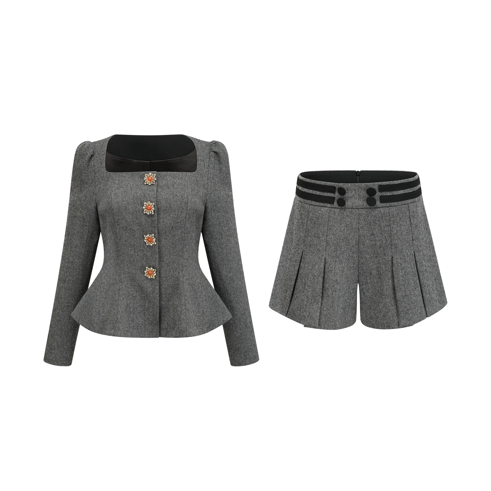 Agathe grey herringbone top & shorts matching set (Final Sale-US Only)