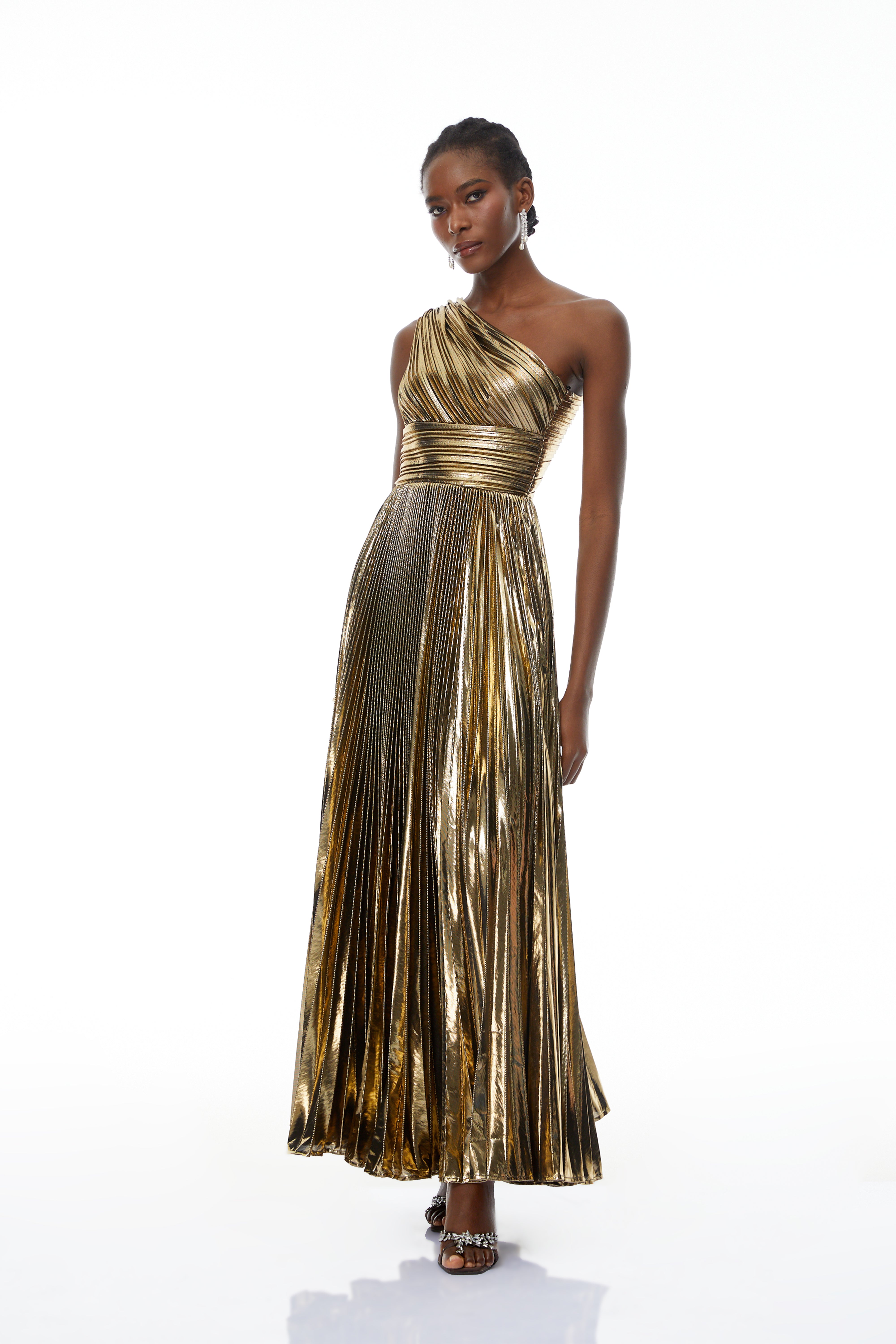 Adrián Gold One Shloulder Ruched Maxi Dress (Final Sale-US Only)