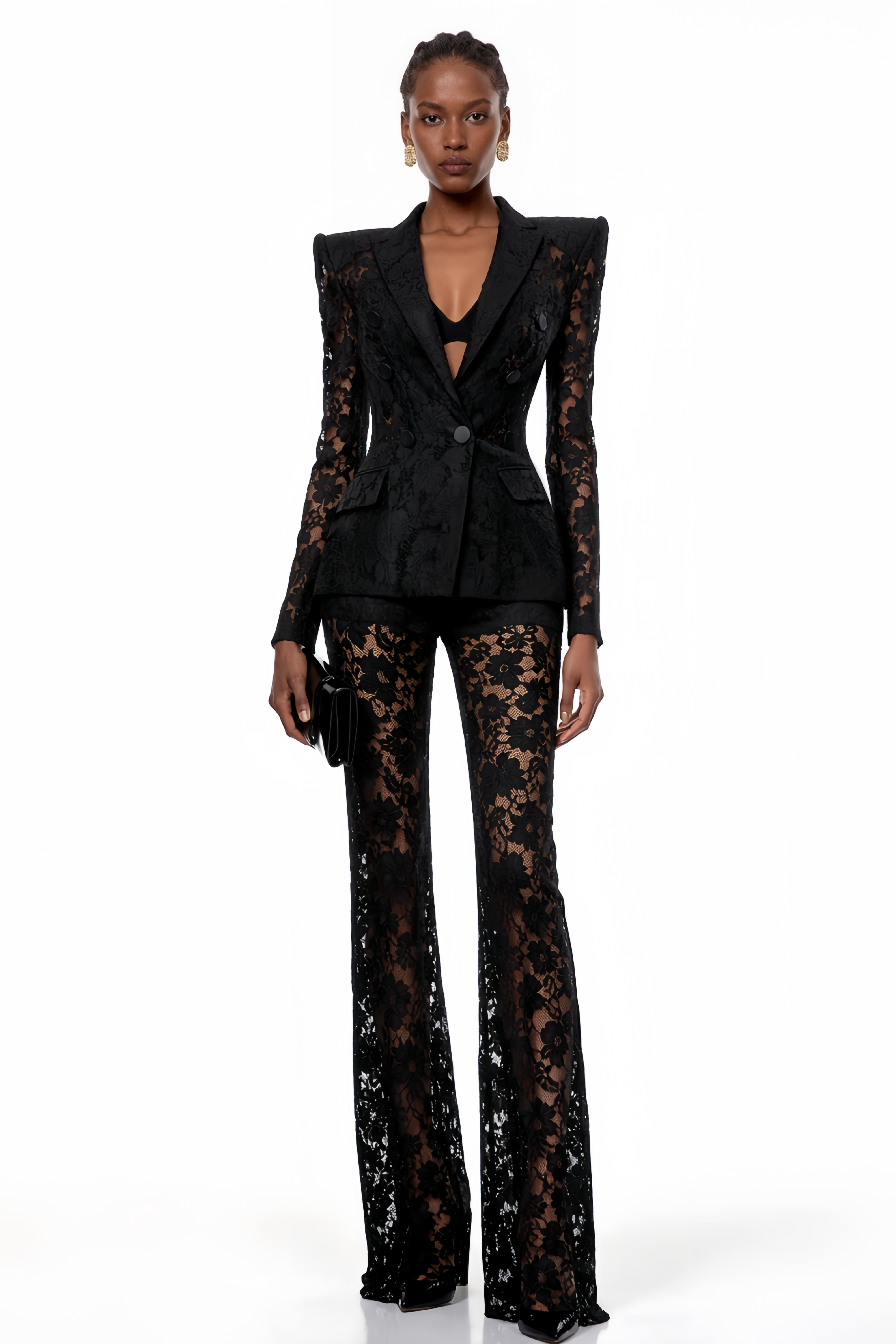 Black sheer floral lace pantsuit with structured shoulders