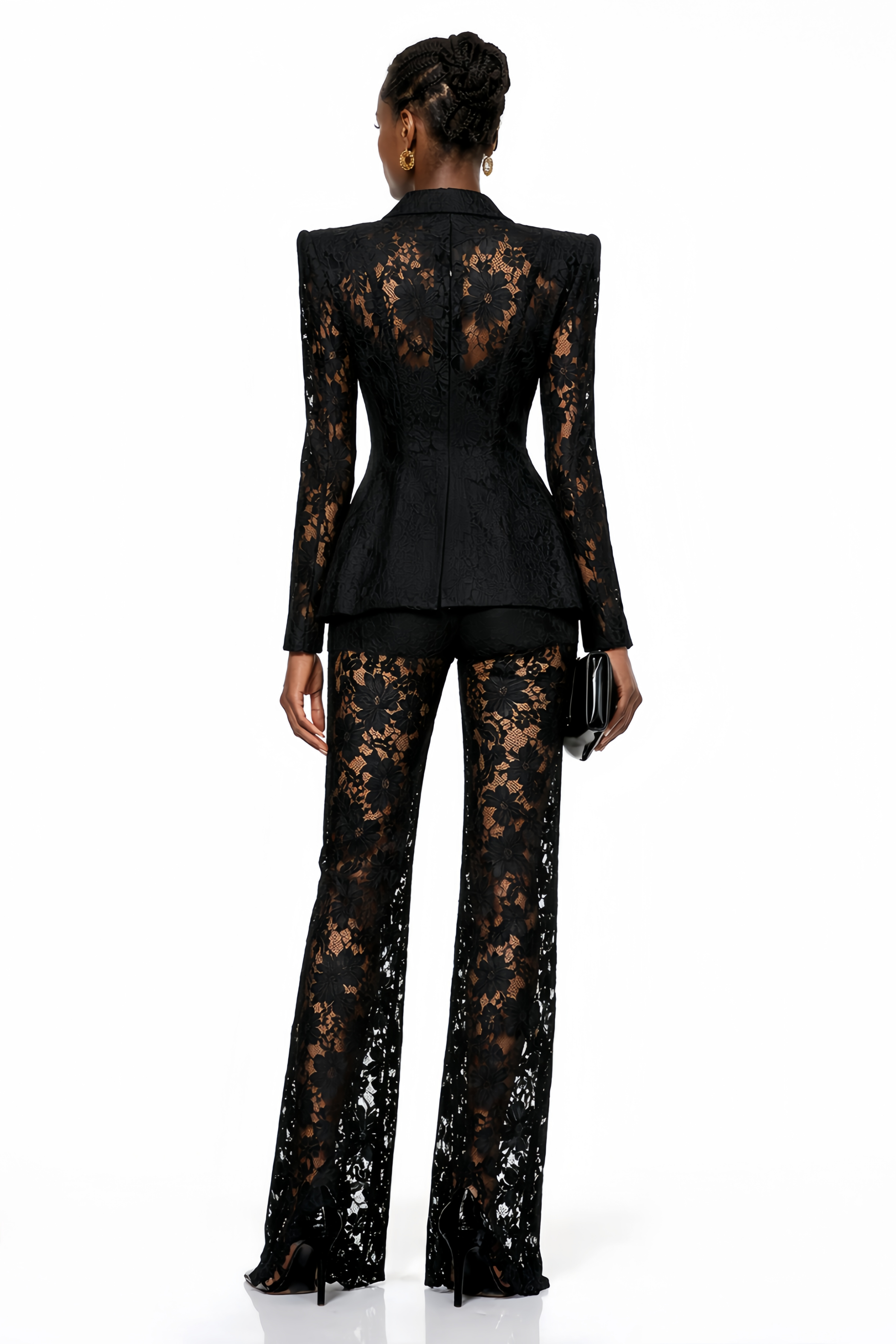 Black sheer floral lace pantsuit with structured shoulders