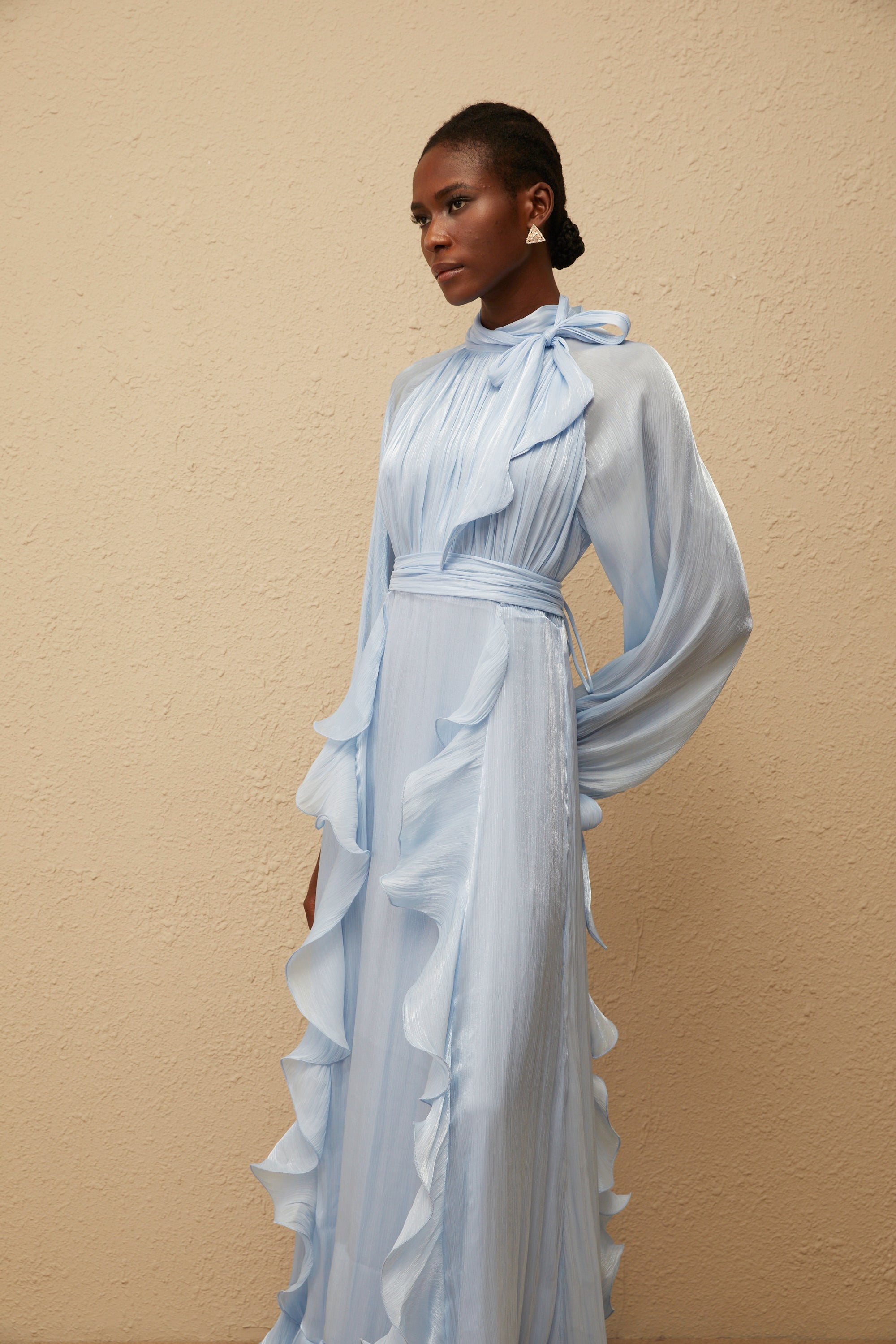 Nanette Blue Glossy Pleated Maxi Dress (Final Sale)