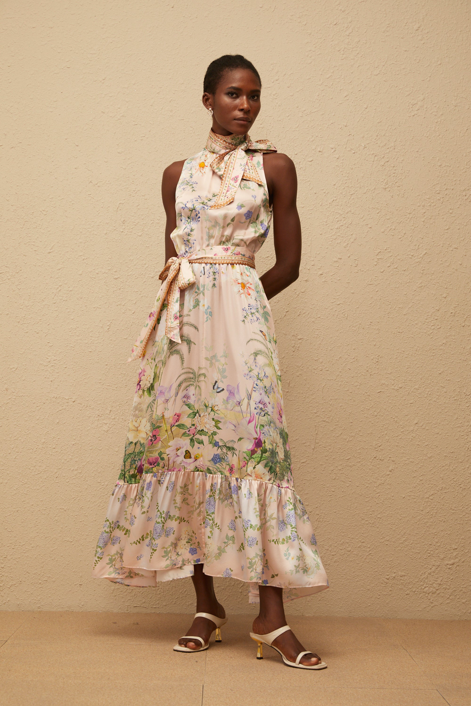 Madeleine Neutral Floral Print Satin Maxi Dress
