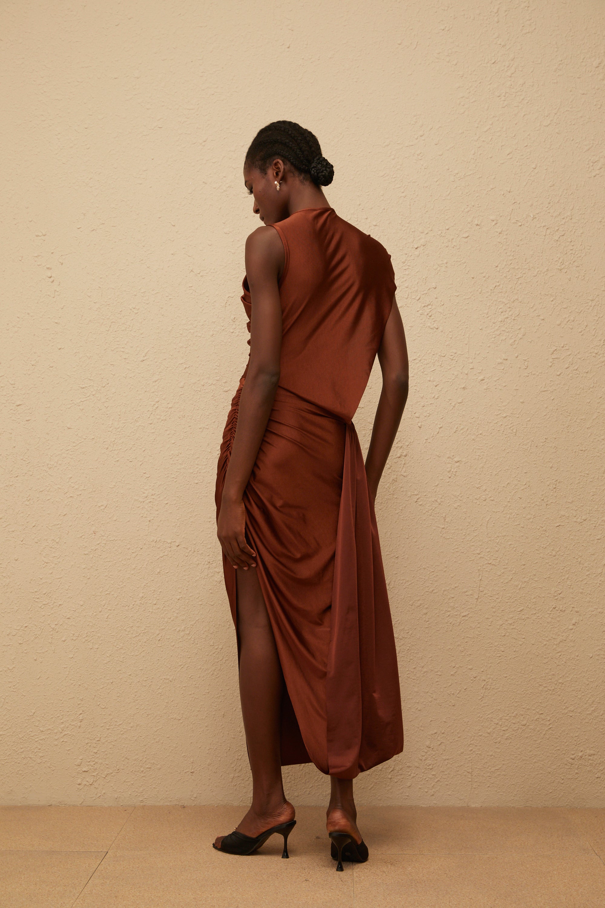 Reine Brown Asymmetrical Ruched Maxi Dress (Final Sale)
