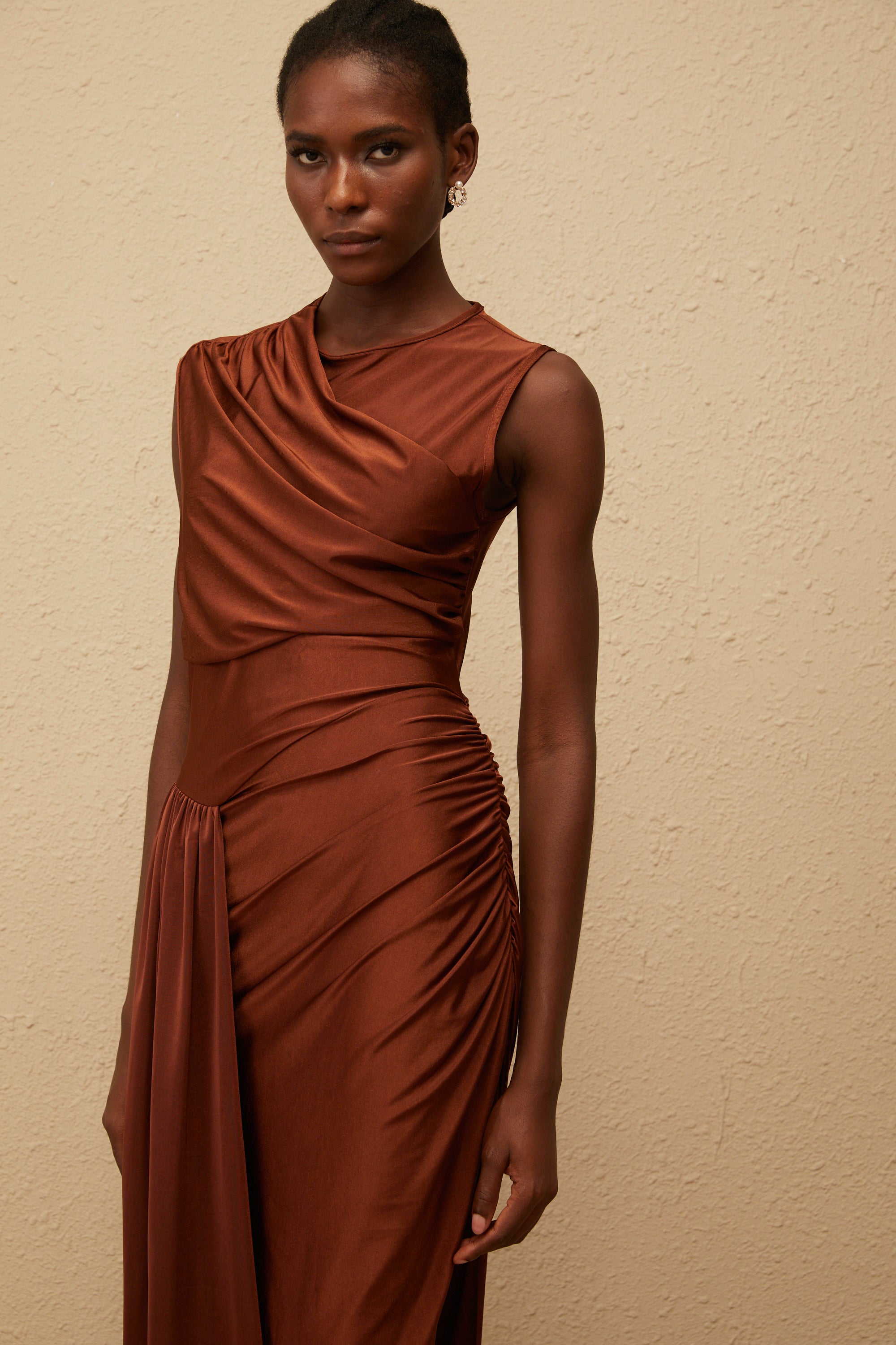 Reine Brown Asymmetrical Ruched Maxi Dress (Final Sale)