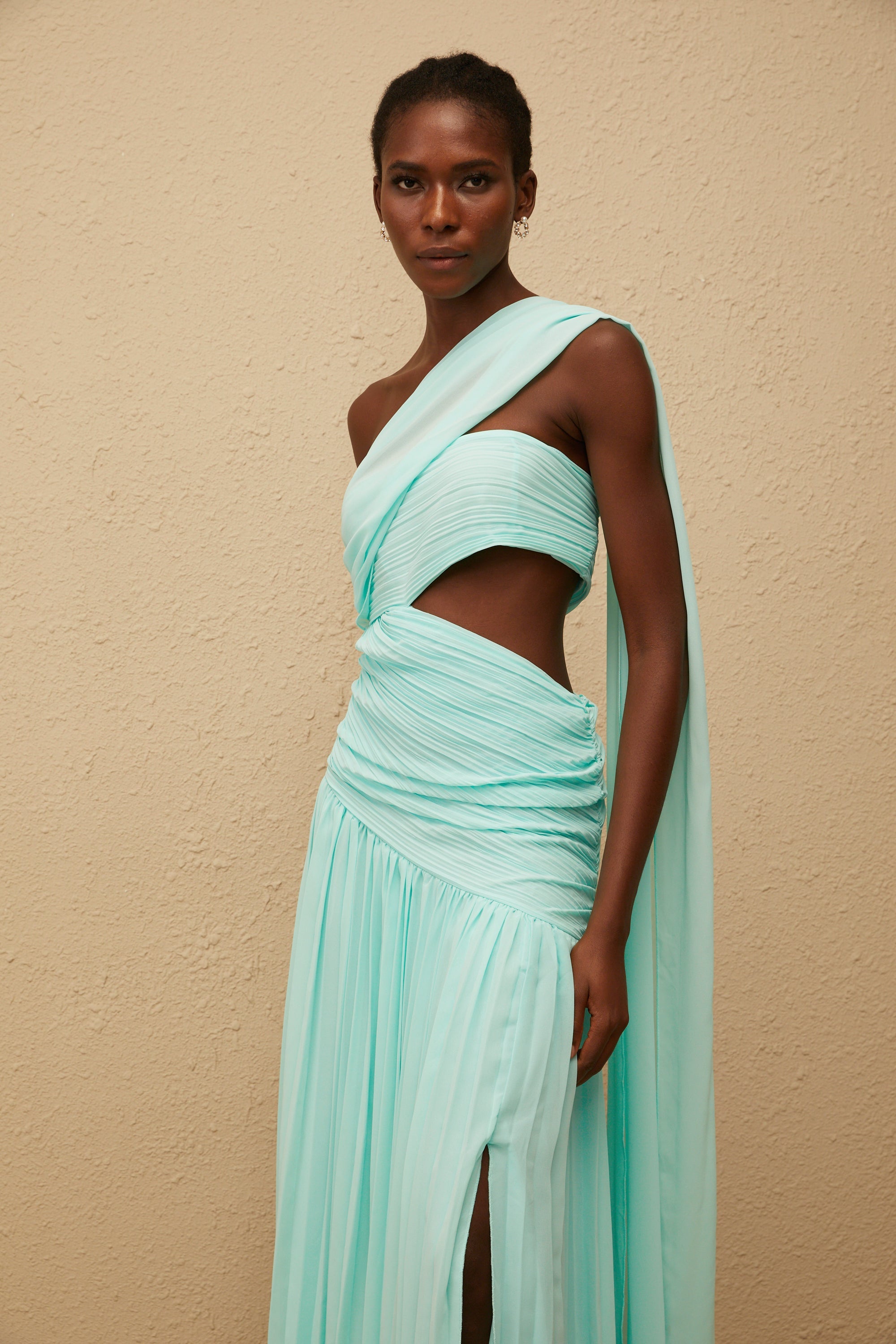 Katerina Mint Green Asymmetrical Pleated Maxi Dress (Final Sale-US Only)
