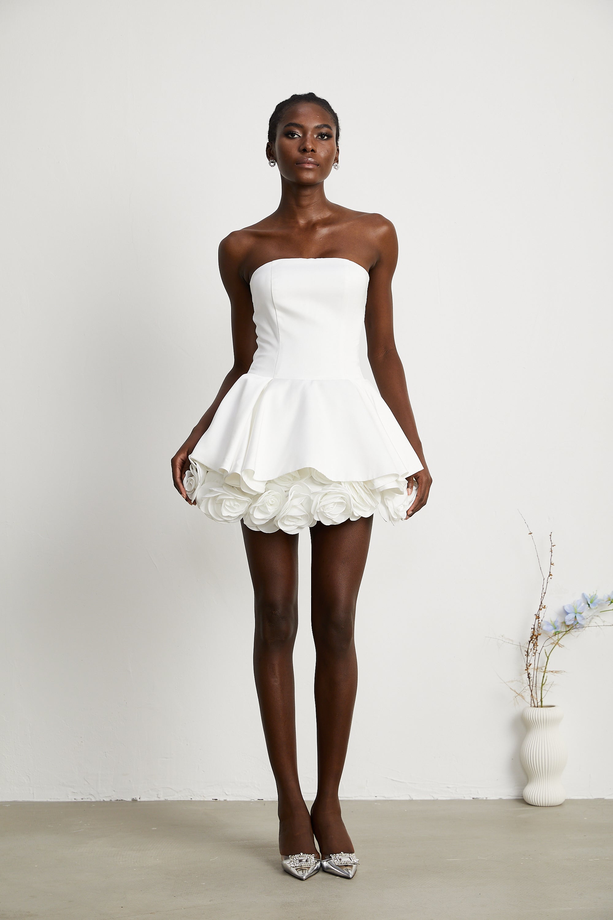Lucie white petal-layered strapless corset mini dress (Final Sale)