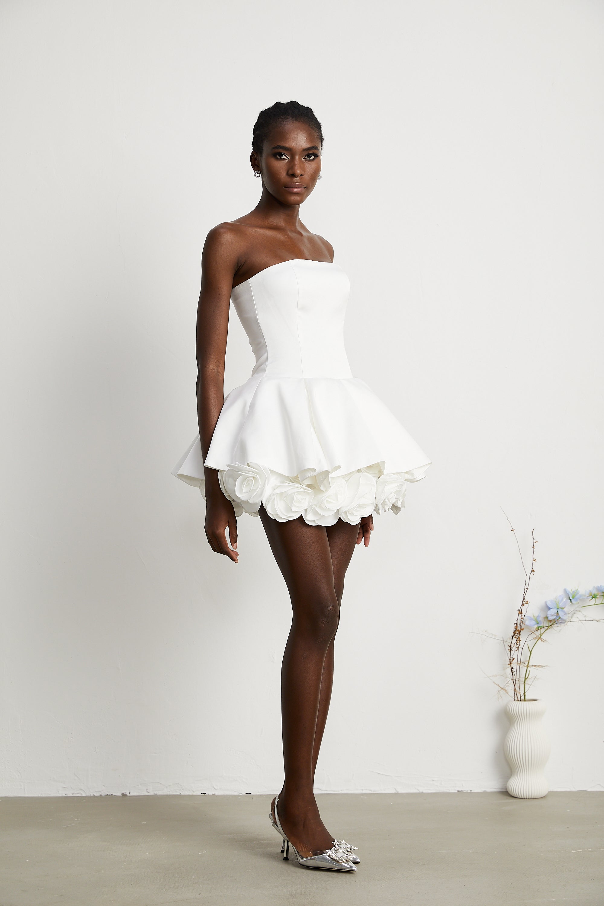 Lucie white petal-layered strapless corset mini dress (Final Sale)