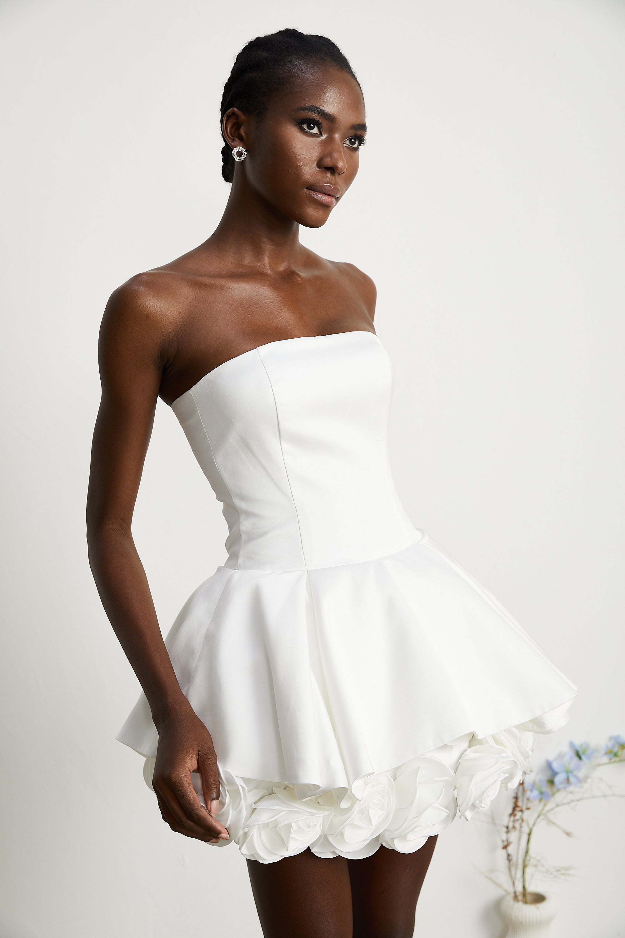 Lucie white petal-layered strapless corset mini dress (Final Sale)