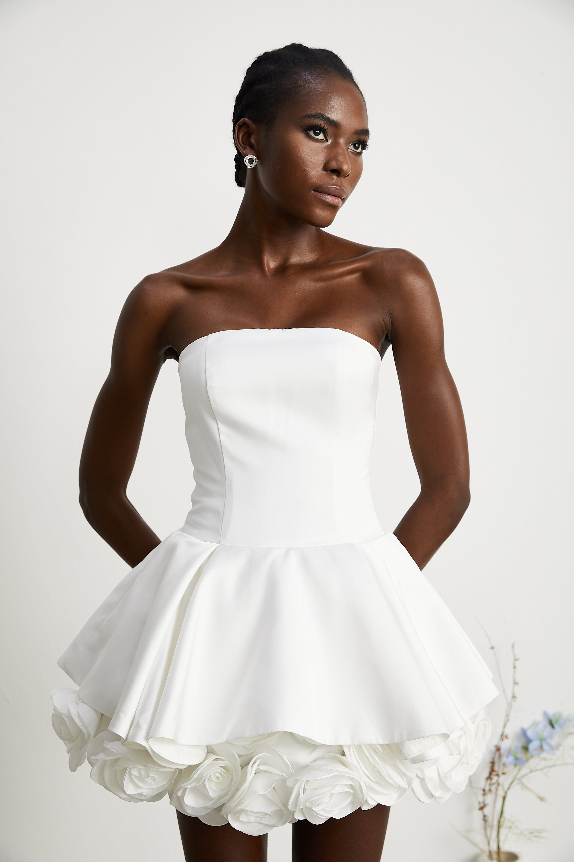 Lucie white petal-layered strapless corset mini dress (Final Sale)
