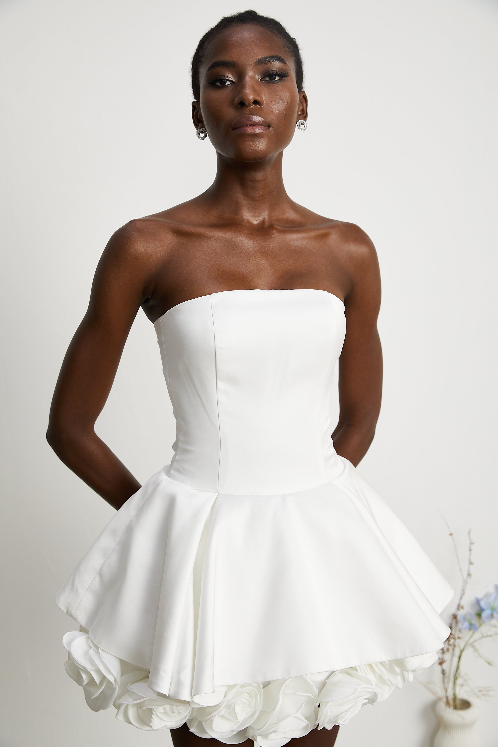 Lucie white petal-layered strapless corset mini dress (Final Sale)