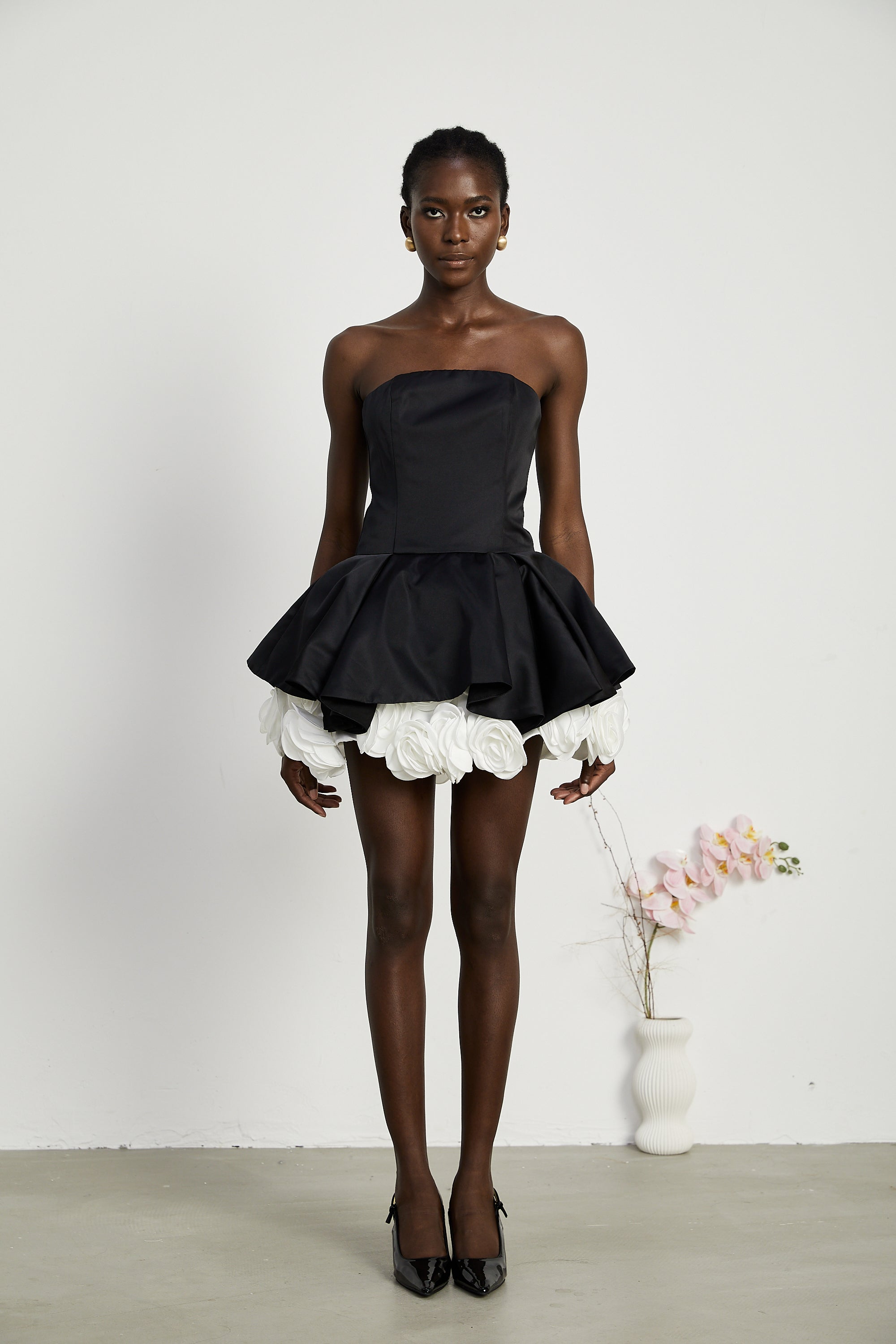 Lucie black petal-layered strapless corset mini dress (Final Sale)