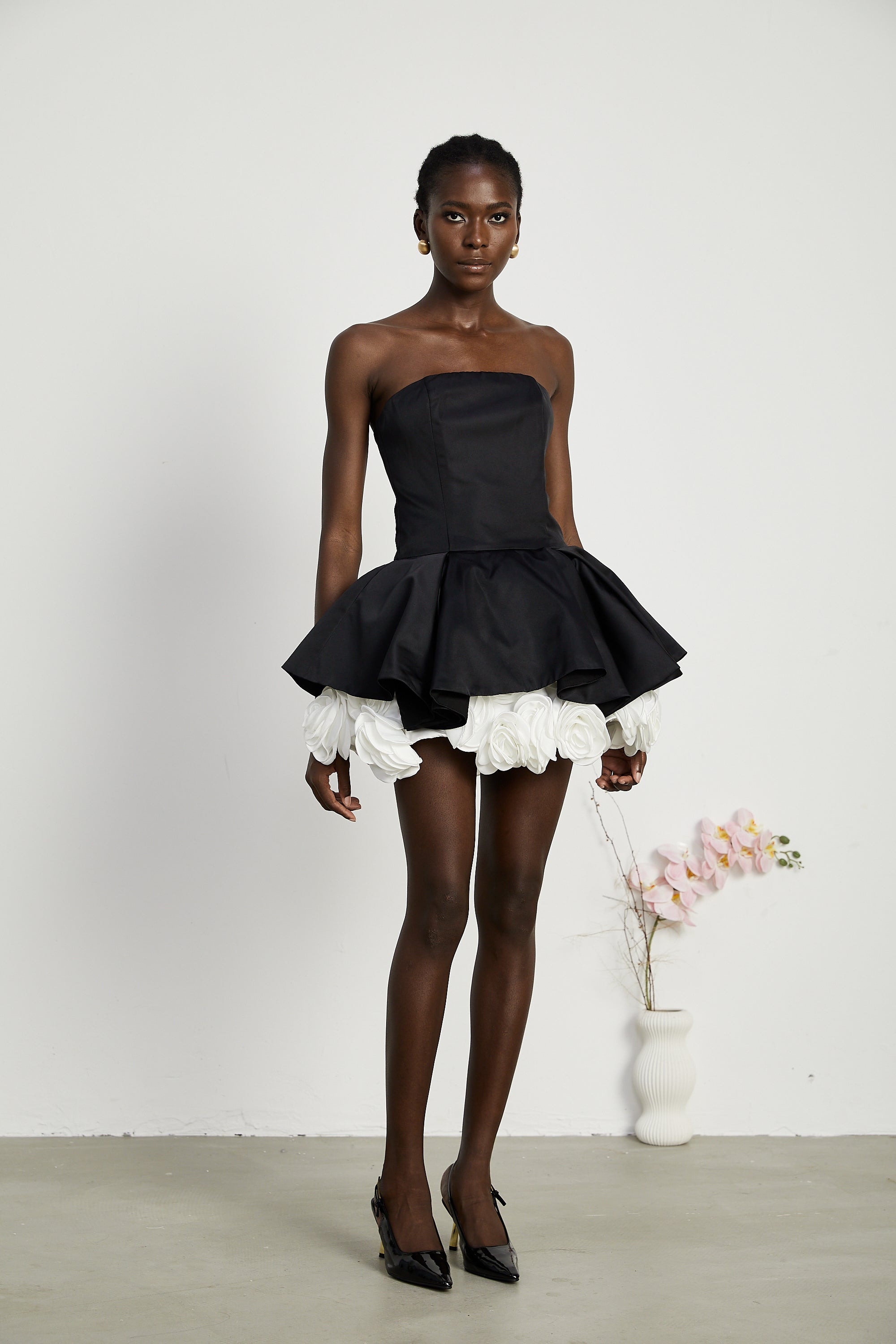 Lucie black petal-layered strapless corset mini dress (Final Sale)
