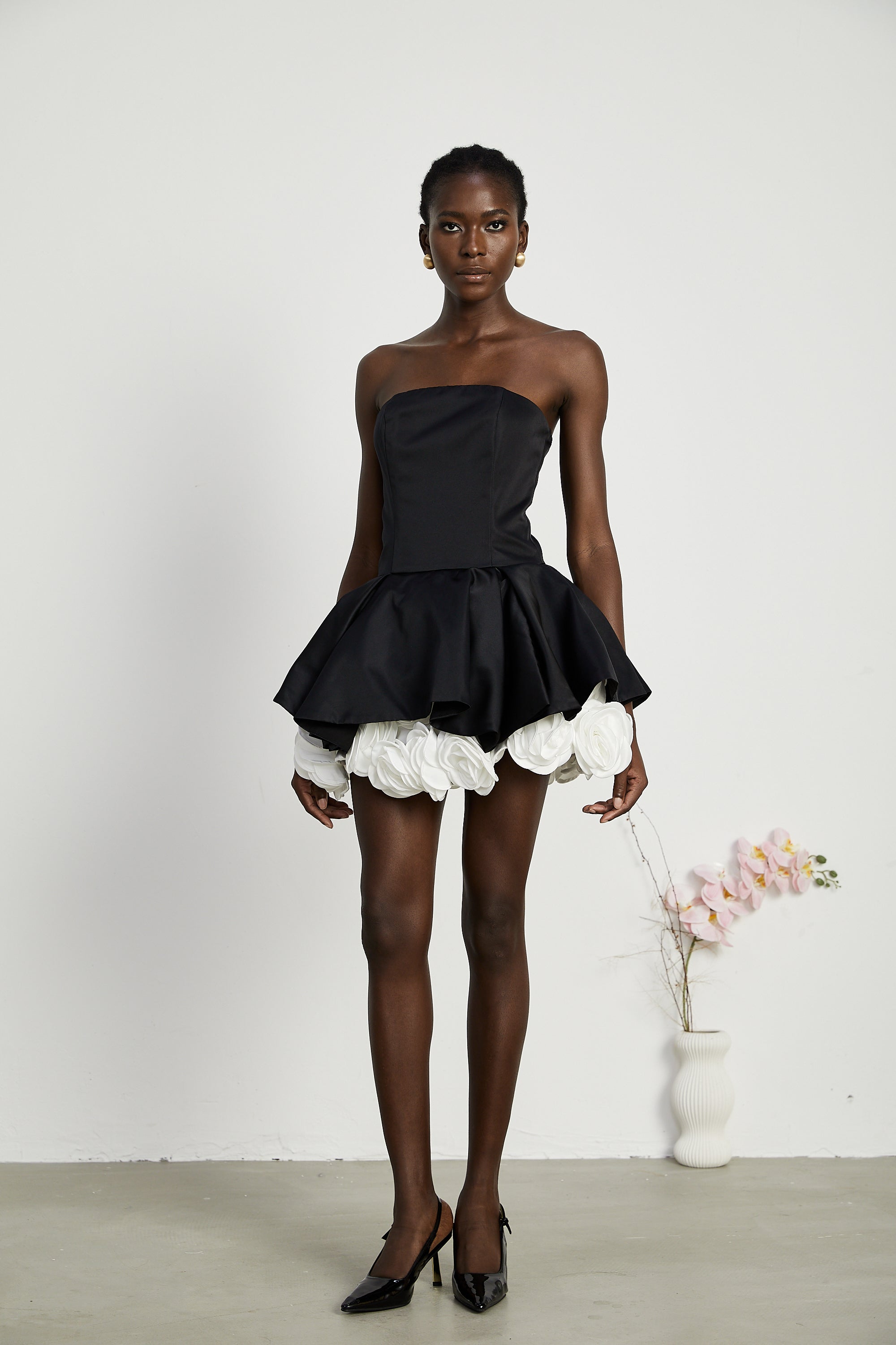 Lucie black petal-layered strapless corset mini dress (Final Sale)