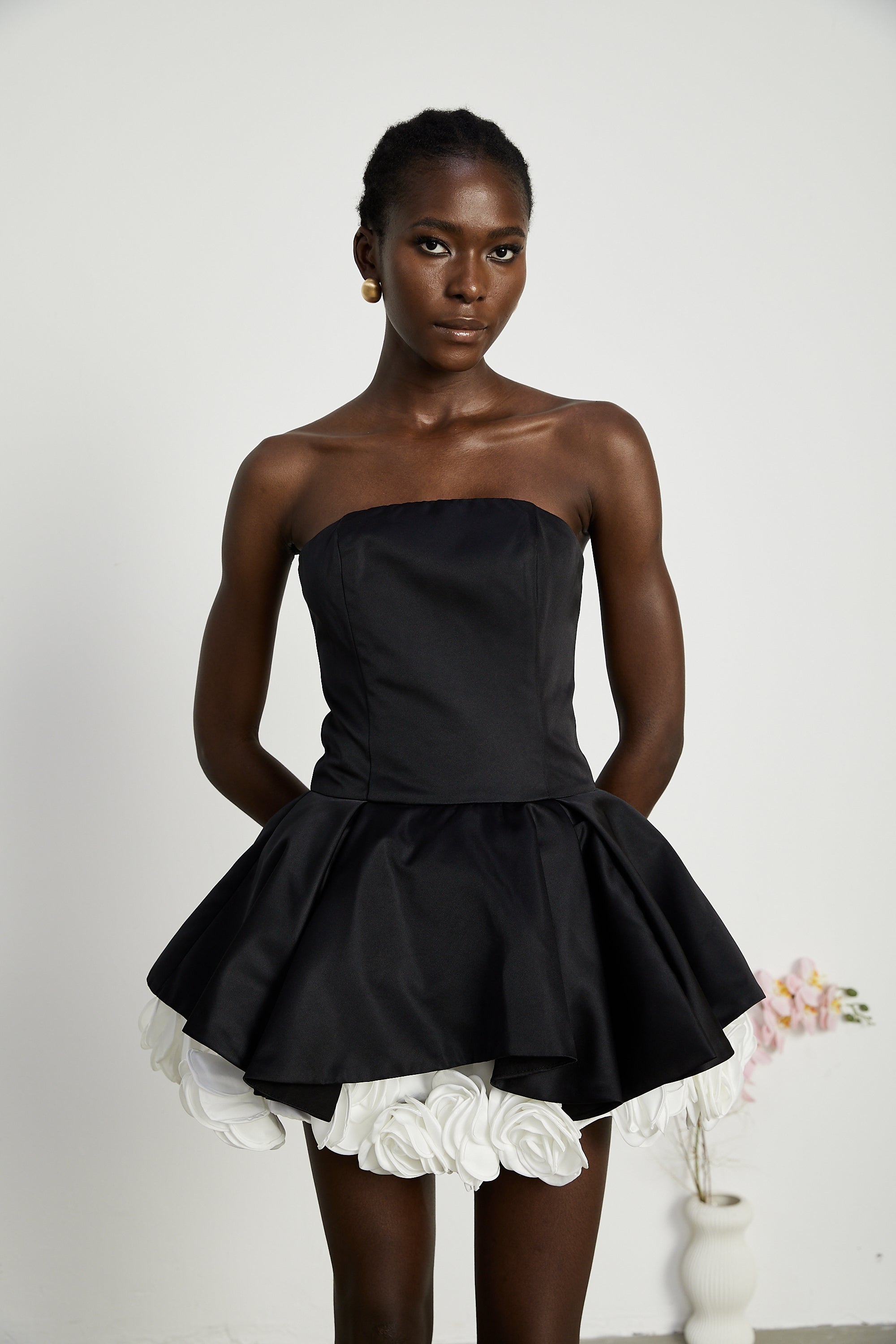 Lucie black petal-layered strapless corset mini dress (Final Sale)