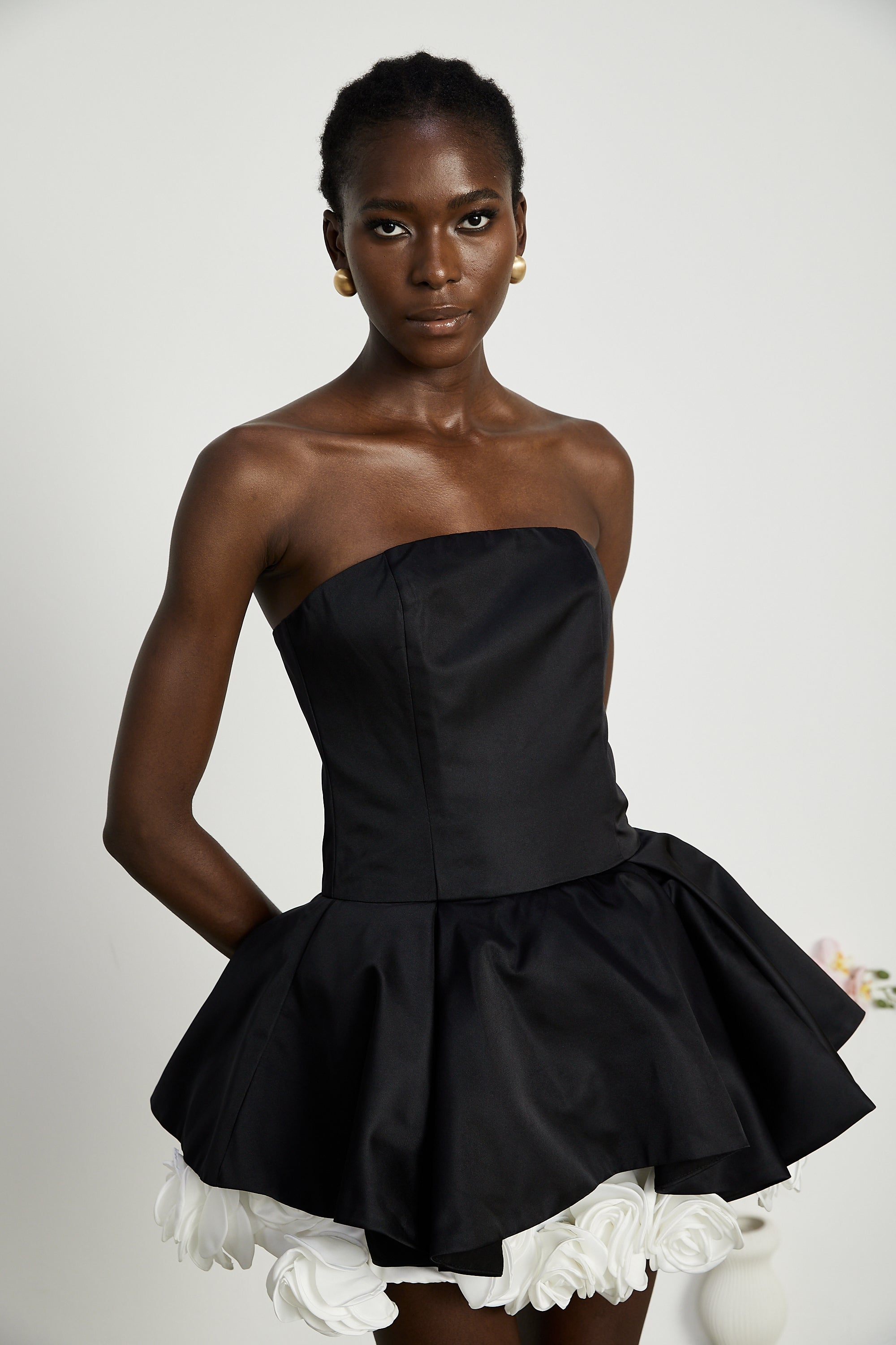 Lucie black petal-layered strapless corset mini dress (Final Sale)