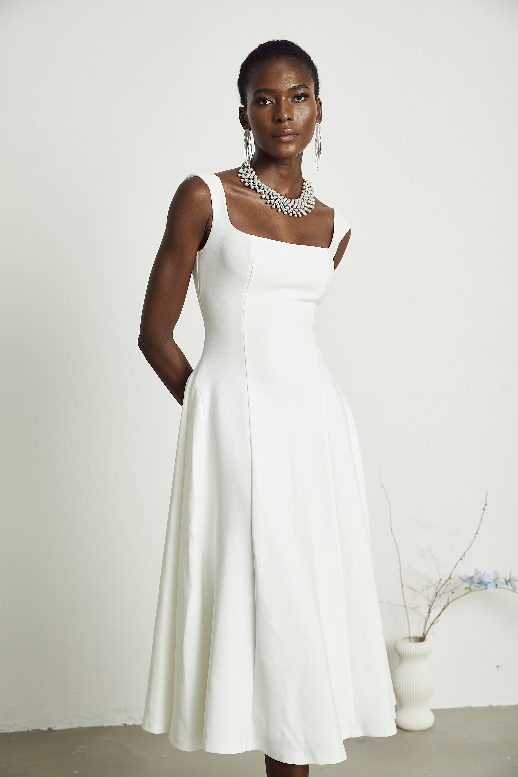 Thala white pleated flared midi dress (Final Sale-US Only)