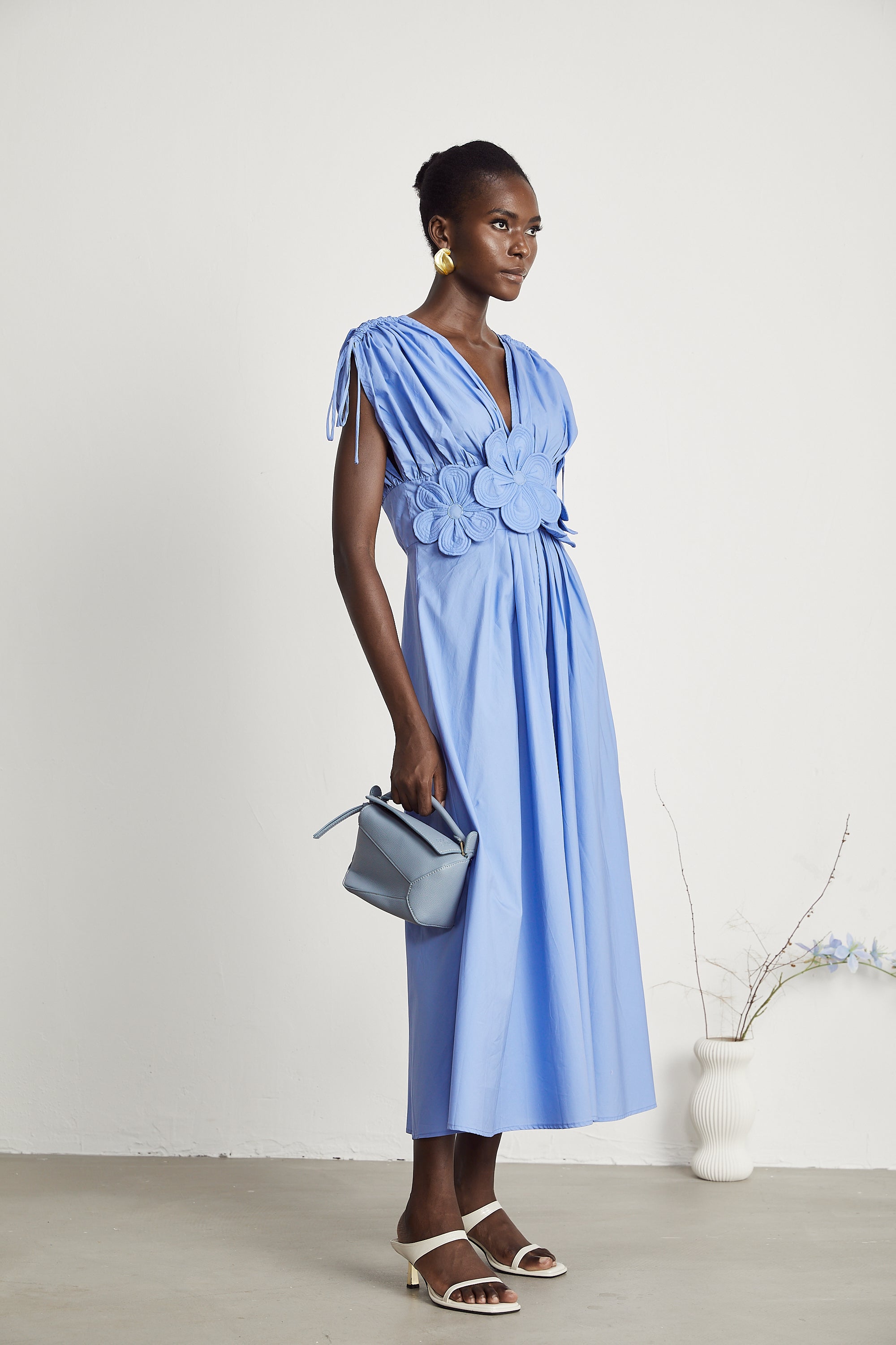 Emma petal-detail drawstring maxi dress in Blue (Final Sale)