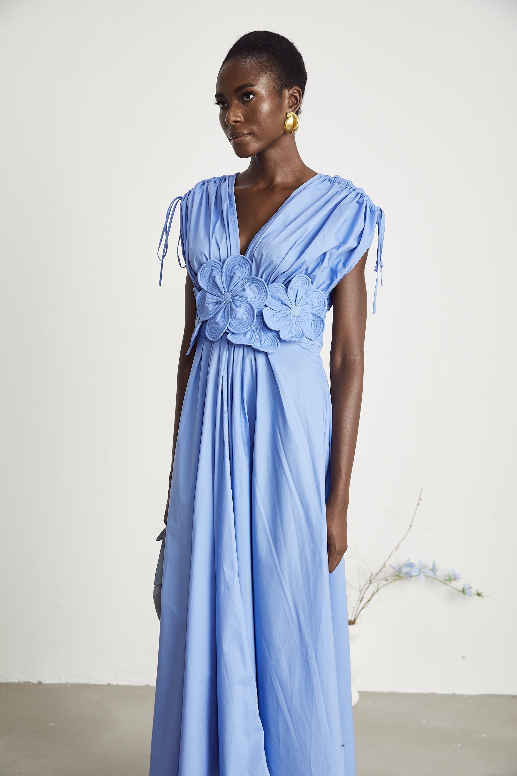Emma petal-detail drawstring maxi dress in Blue (Final Sale)
