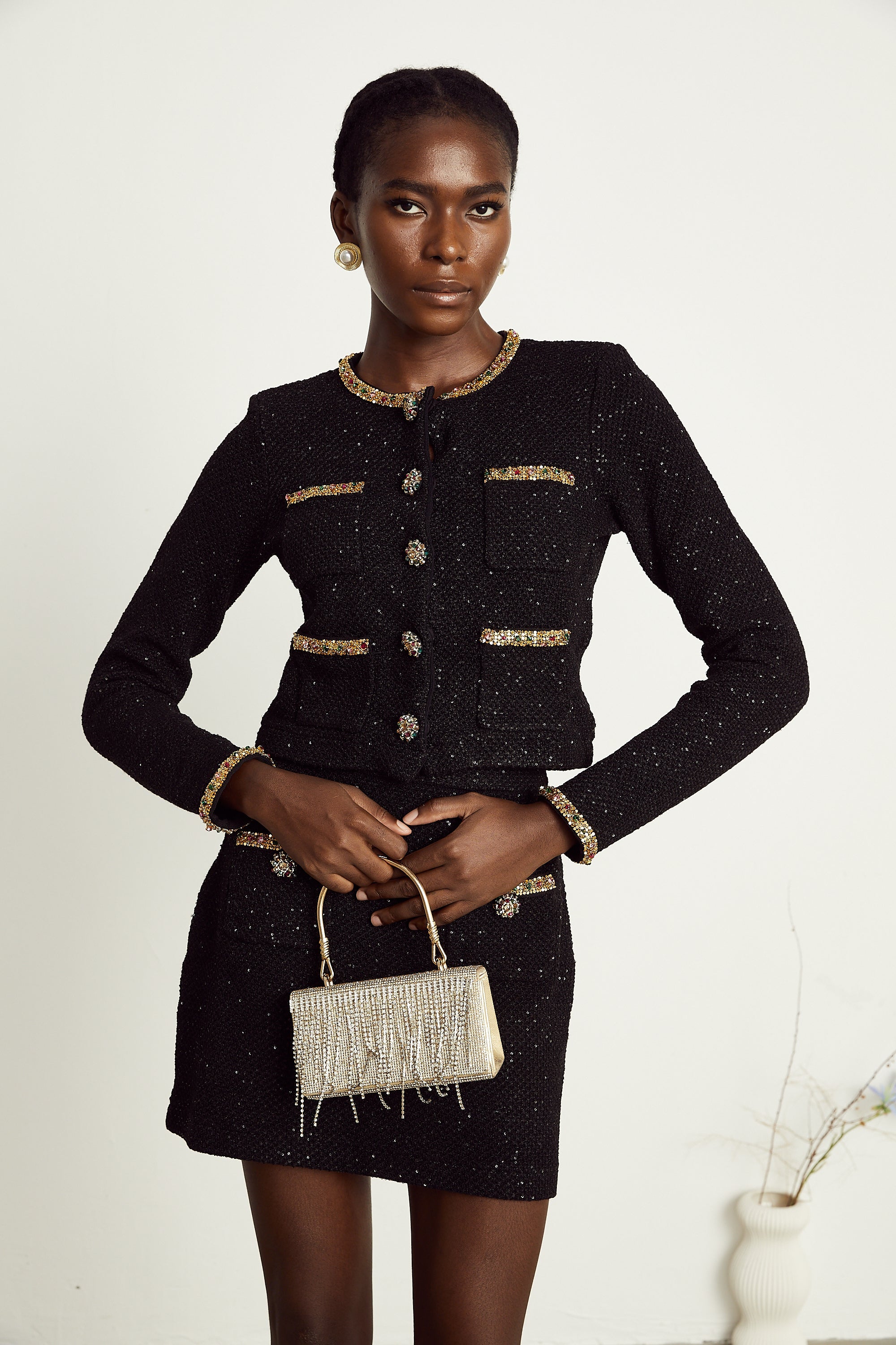 Ariane black sequined tweed jacket & skirt matching set (Final Sale)