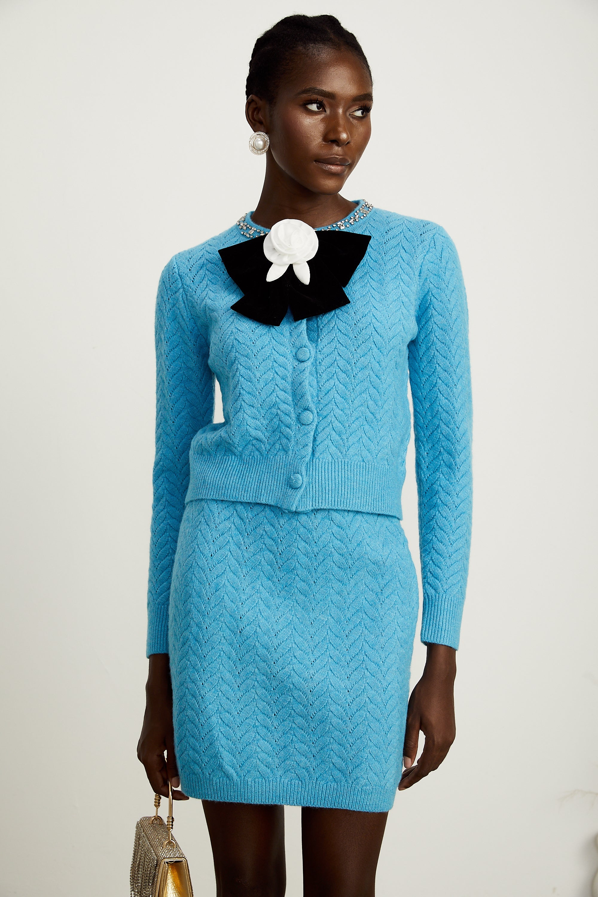 Aliénor blue knitted embellished cardigan & skirt matching set (Final Sale-US Only)