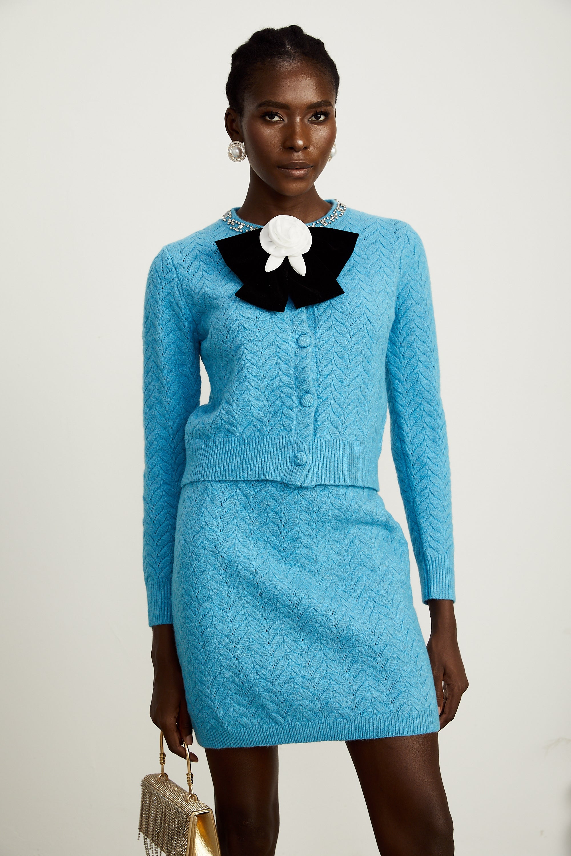 Aliénor blue knitted embellished cardigan & skirt matching set (Final Sale-US Only)
