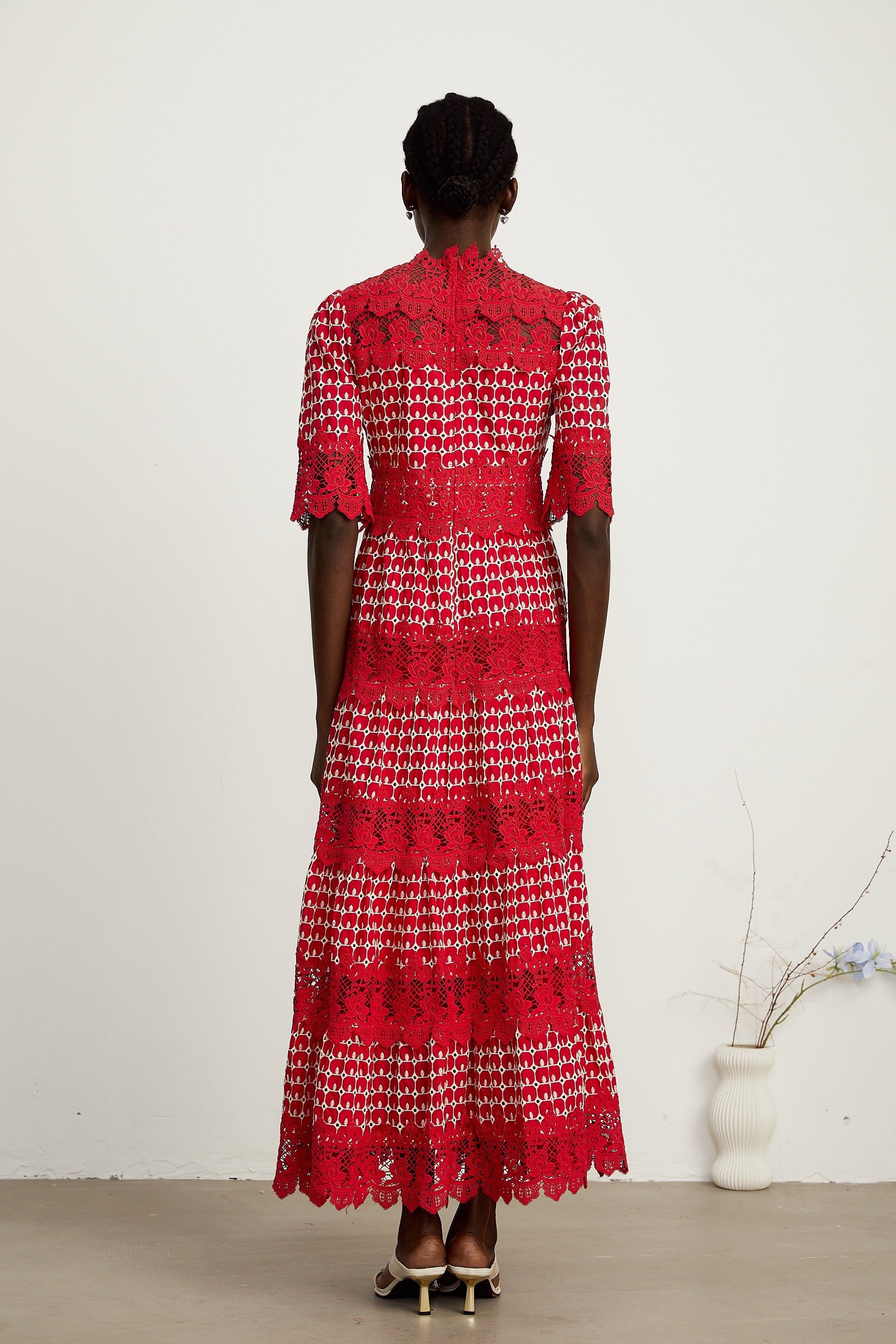 Chantal red scallop-pattern lace-panel maxi dress