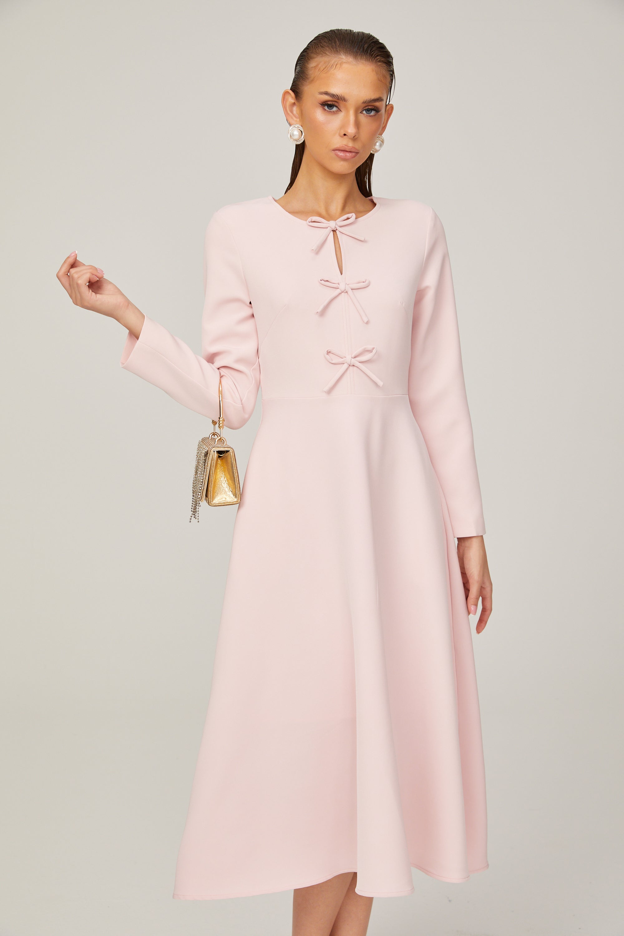 Elise pink bow-detail split-neck midi dress (Final Sale)