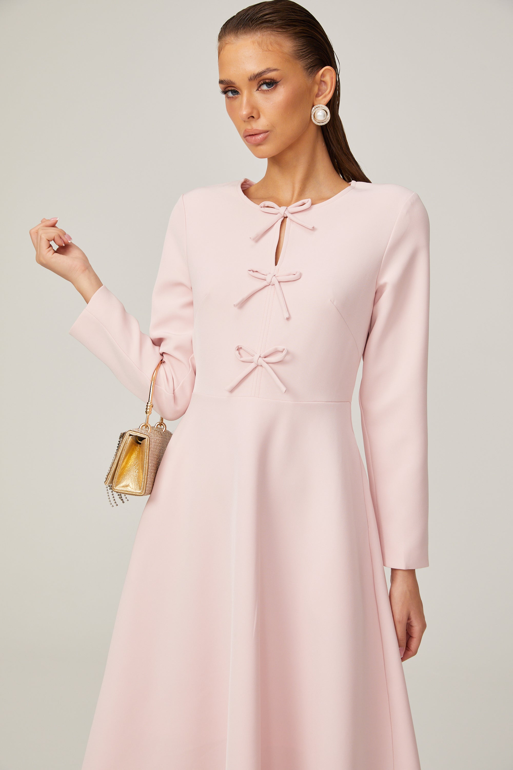 Elise pink bow-detail split-neck midi dress (Final Sale)