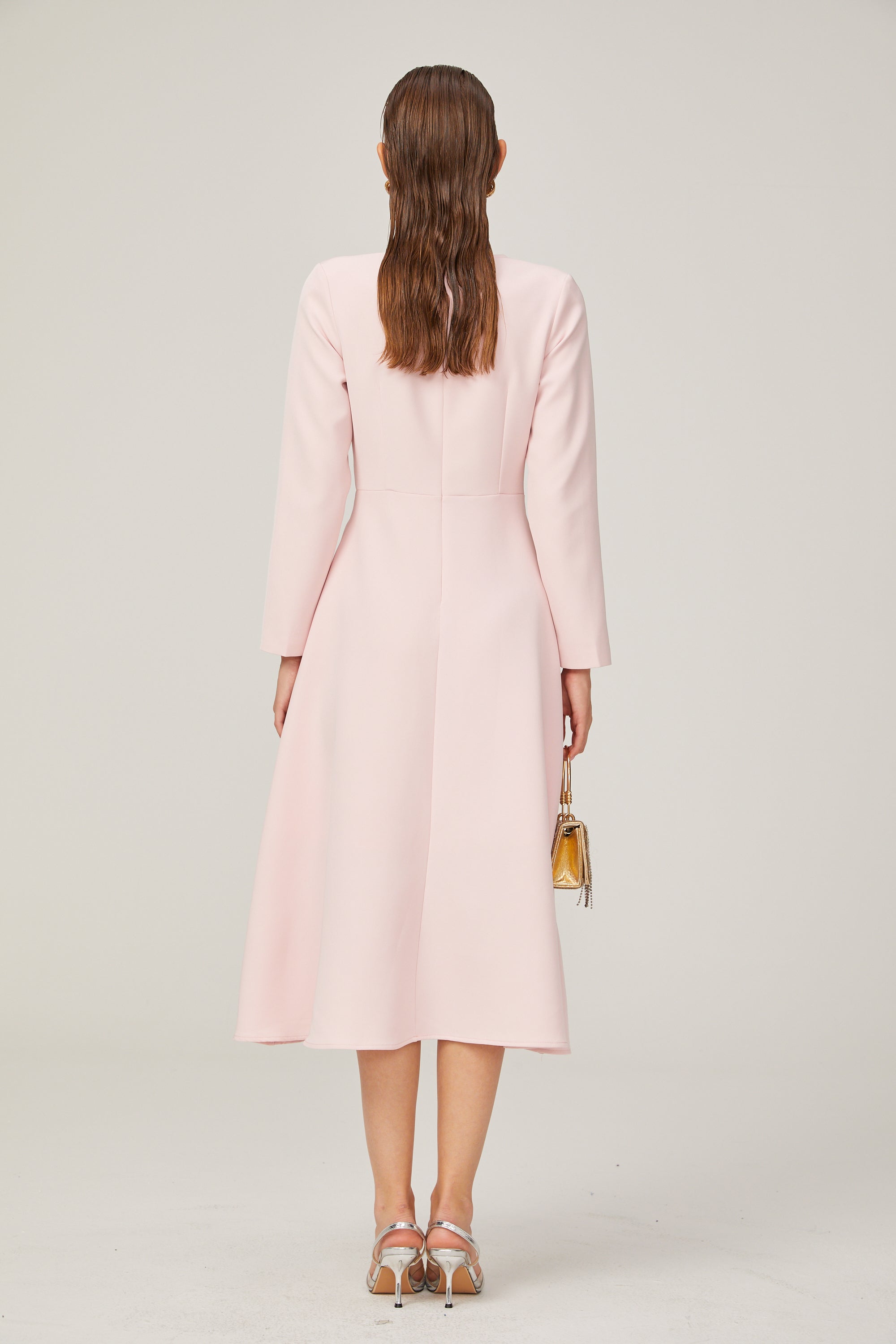 Elise pink bow-detail split-neck midi dress (Final Sale)
