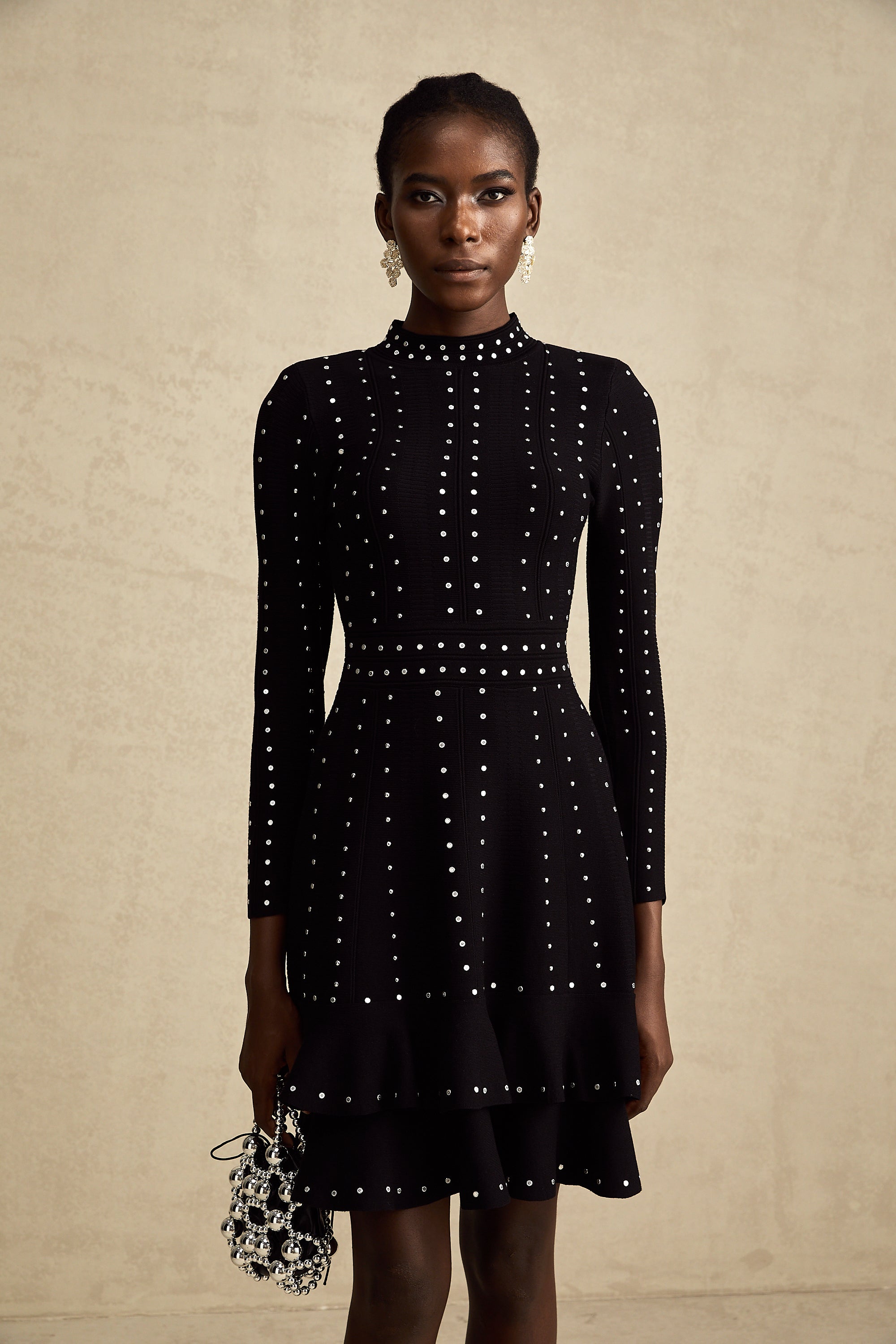 Fabienne Black Embellished Ruffled Knit Mini Dress (Final Sale)