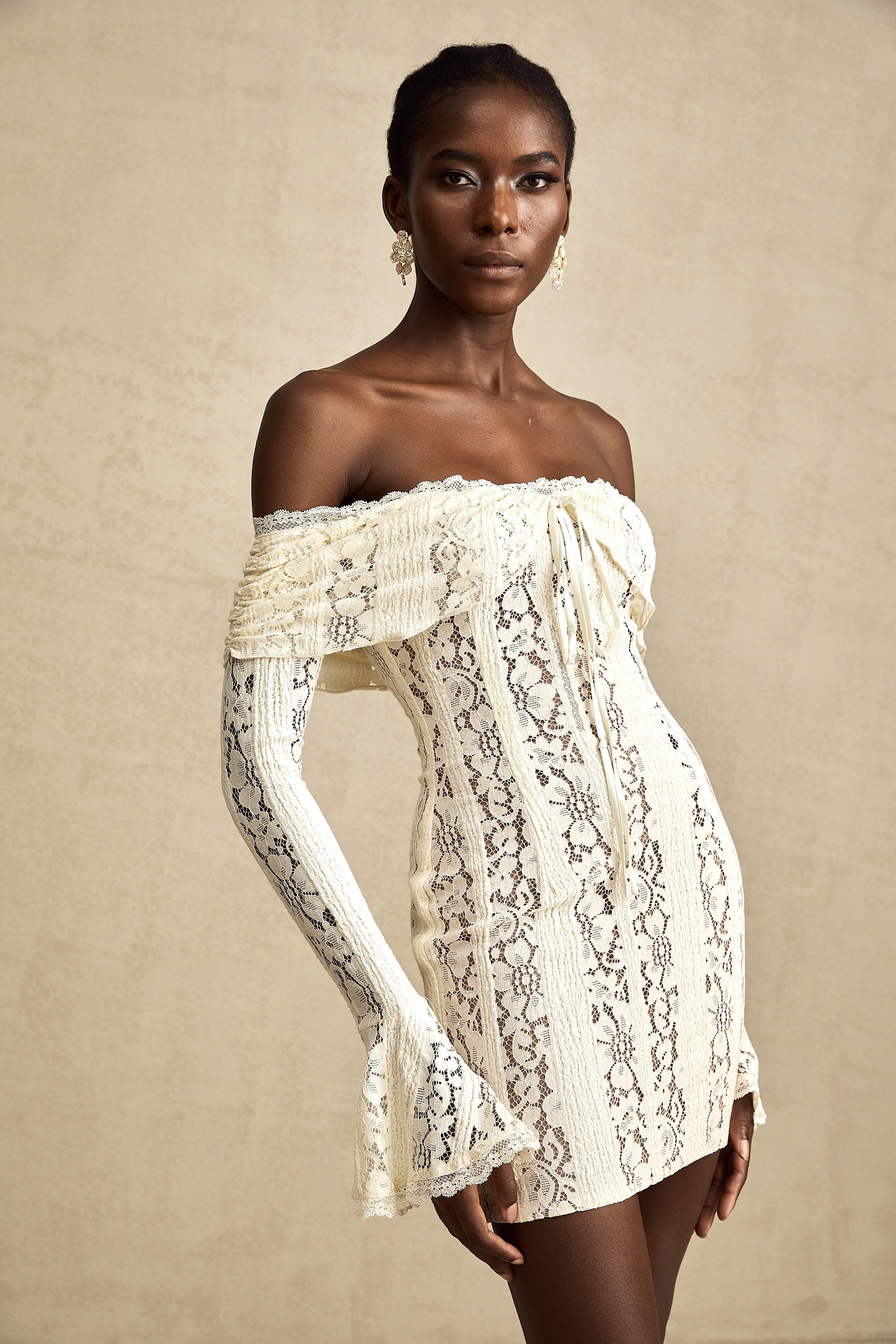 Émeline floral lace flared-cuff mini dress in Neutrals (Final Sale-US Only)