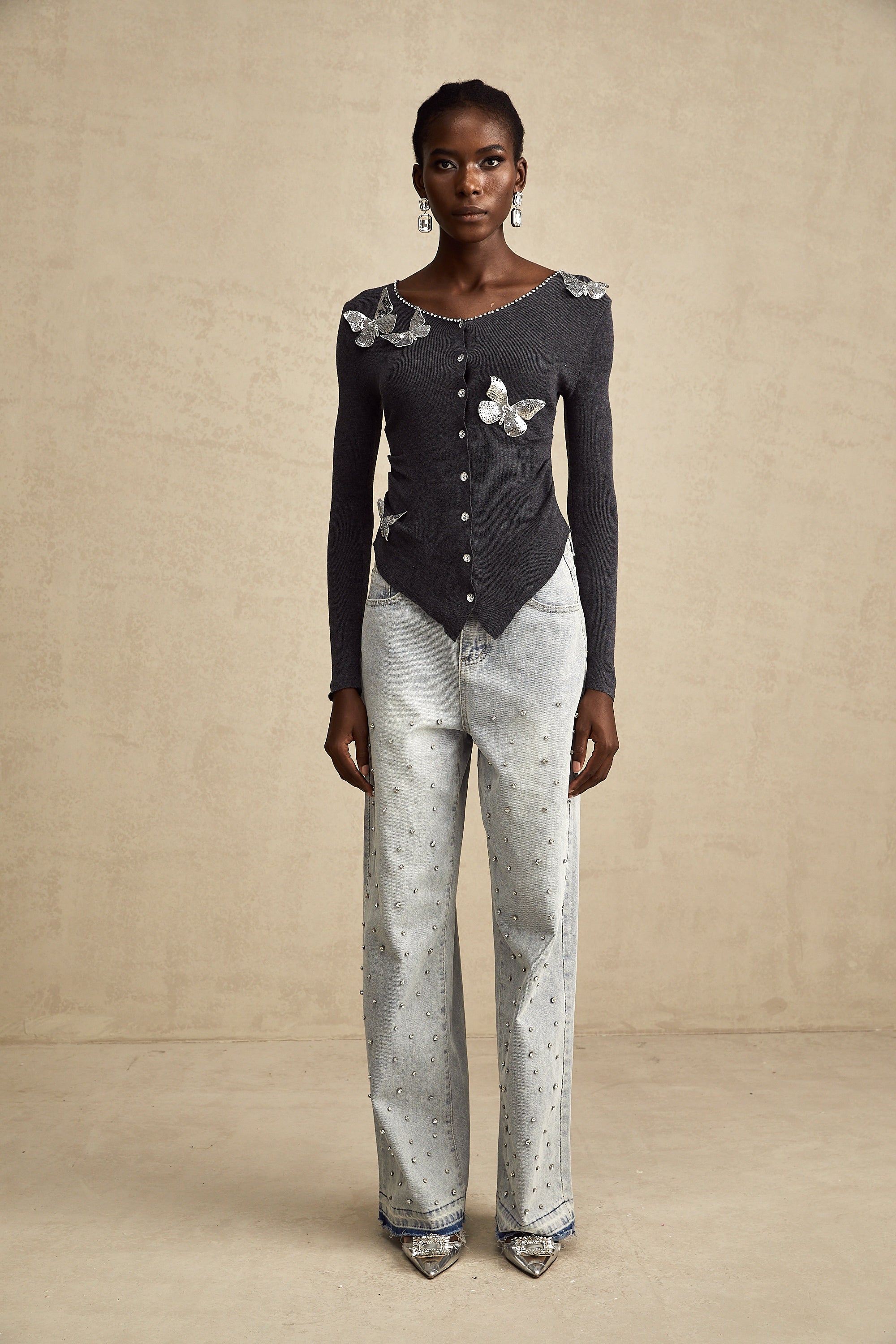 Anastasie grey sequined butterfly-motif cardigan (Final Sale)