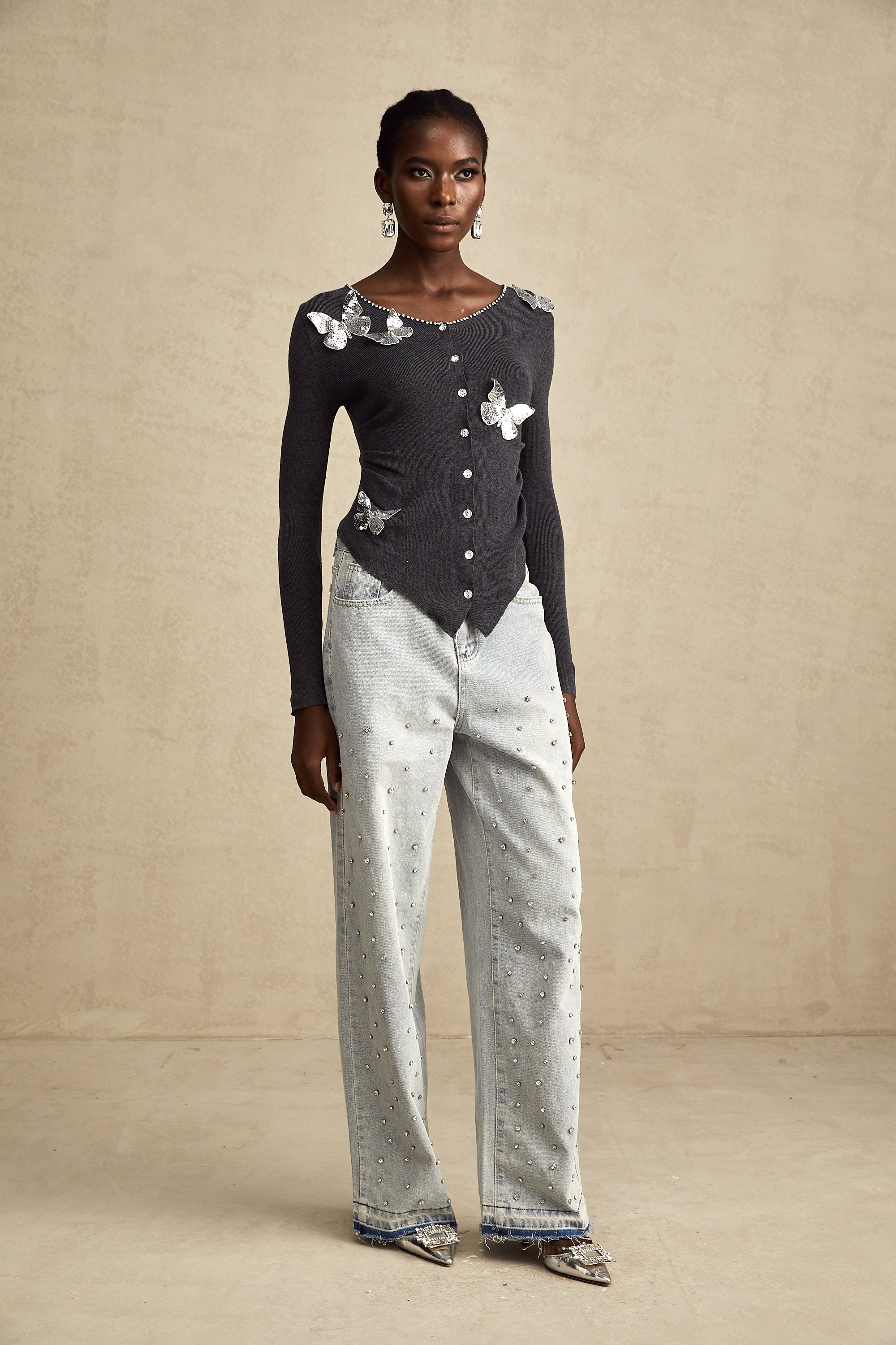 Anastasie grey sequined butterfly-motif cardigan (Final Sale)