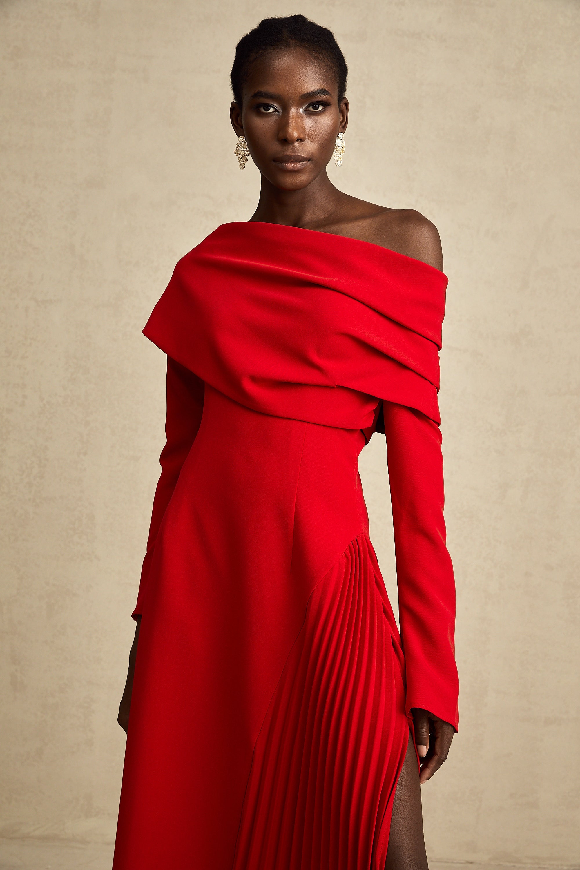 Valentine Red Pleated Maxi Dress with High Slit (Final Sale-US Only)